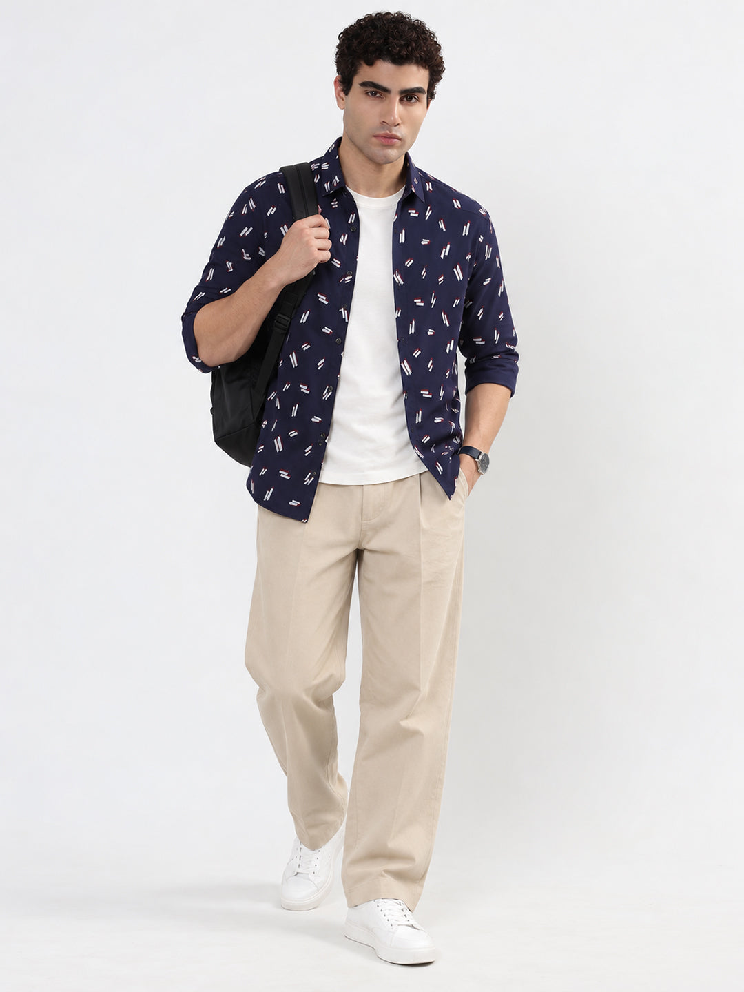 Men’s Graphic Printed Navy Blue Slim Fit Long Sleeves Casual Shirt
