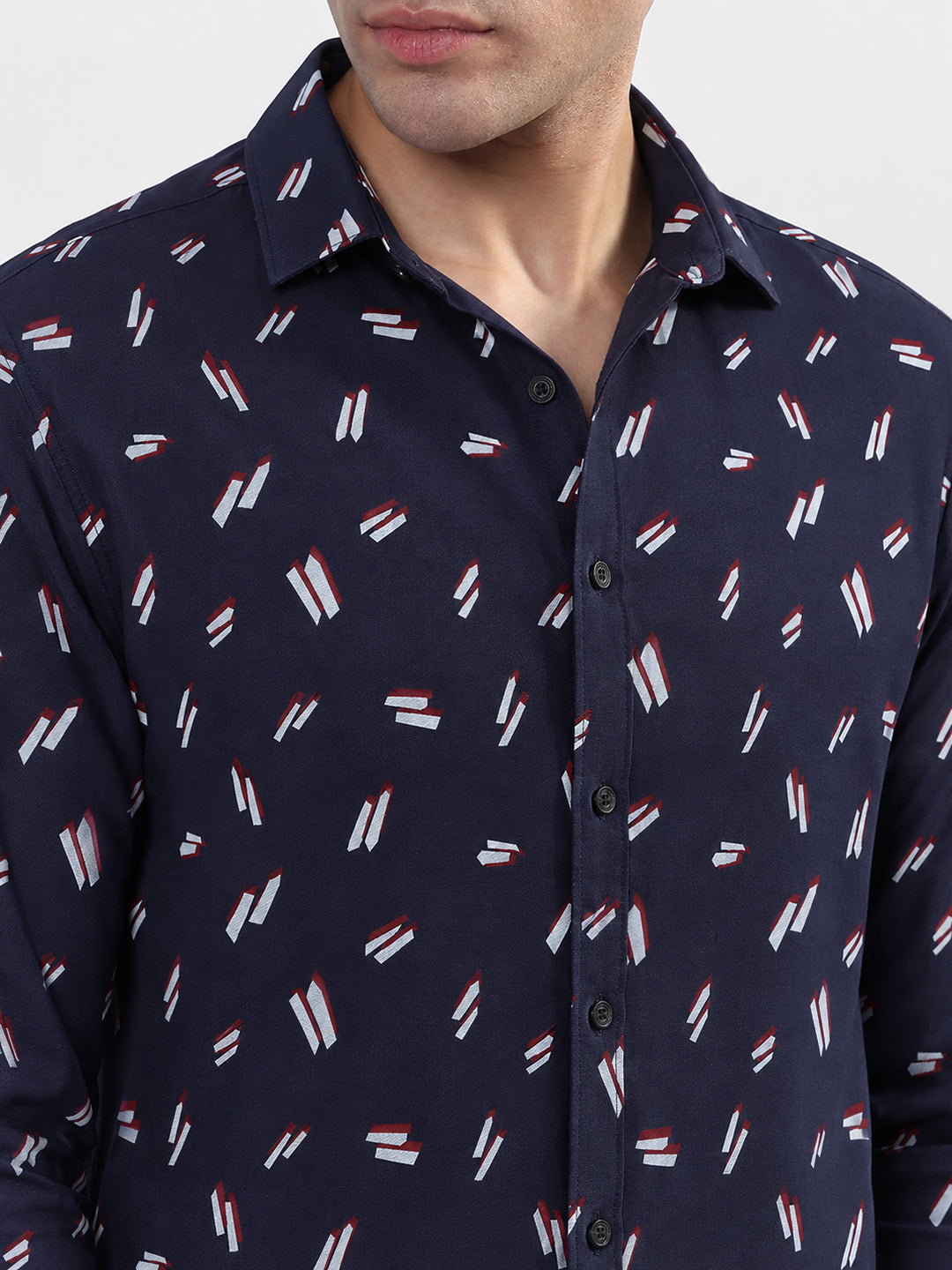 Men’s Graphic Printed Navy Blue Slim Fit Long Sleeves Casual Shirt