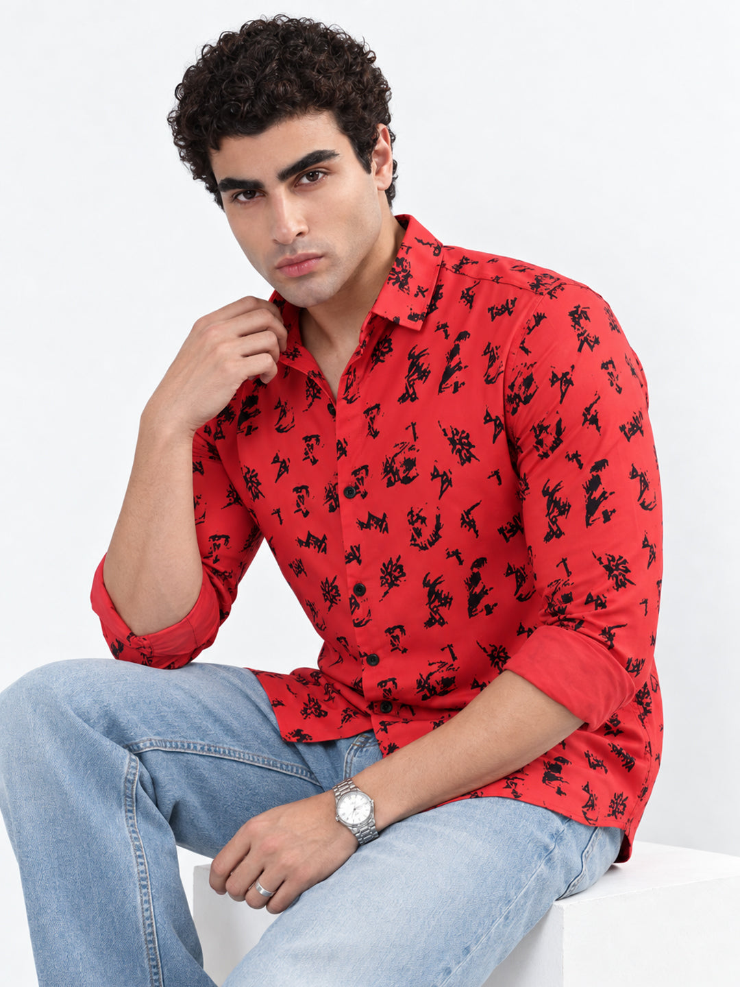 Men’s Vertical Stripes Red Slim Fit Long Sleeves Casual Shirt