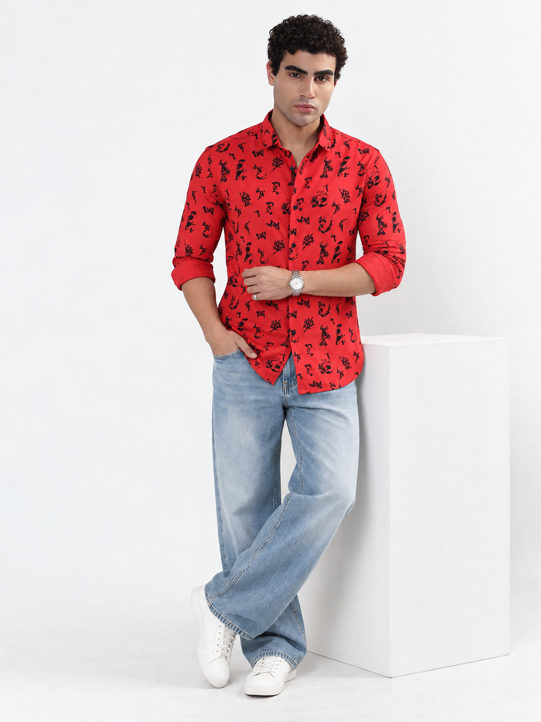 Men’s Vertical Stripes Red Slim Fit Long Sleeves Casual Shirt