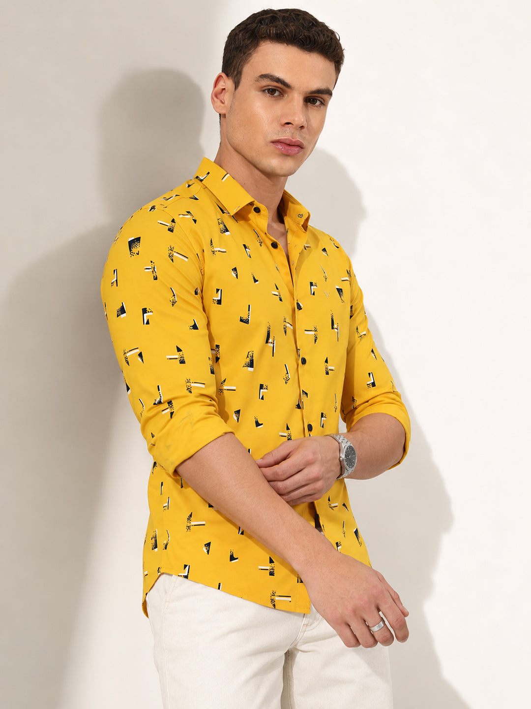 Men’s Graphic Printed Mustard Slim Fit Long Sleeves Casual Shirt