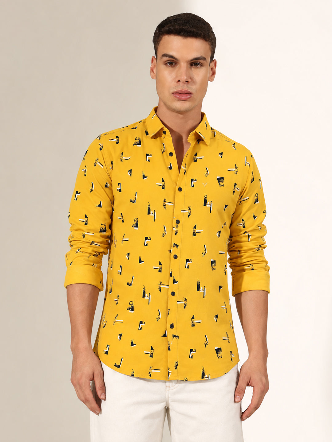 Men’s Graphic Printed Mustard Slim Fit Long Sleeves Casual Shirt