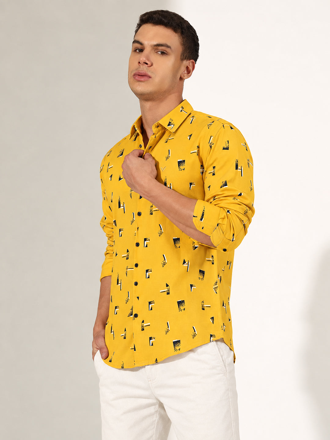 Men’s Graphic Printed Mustard Slim Fit Long Sleeves Casual Shirt