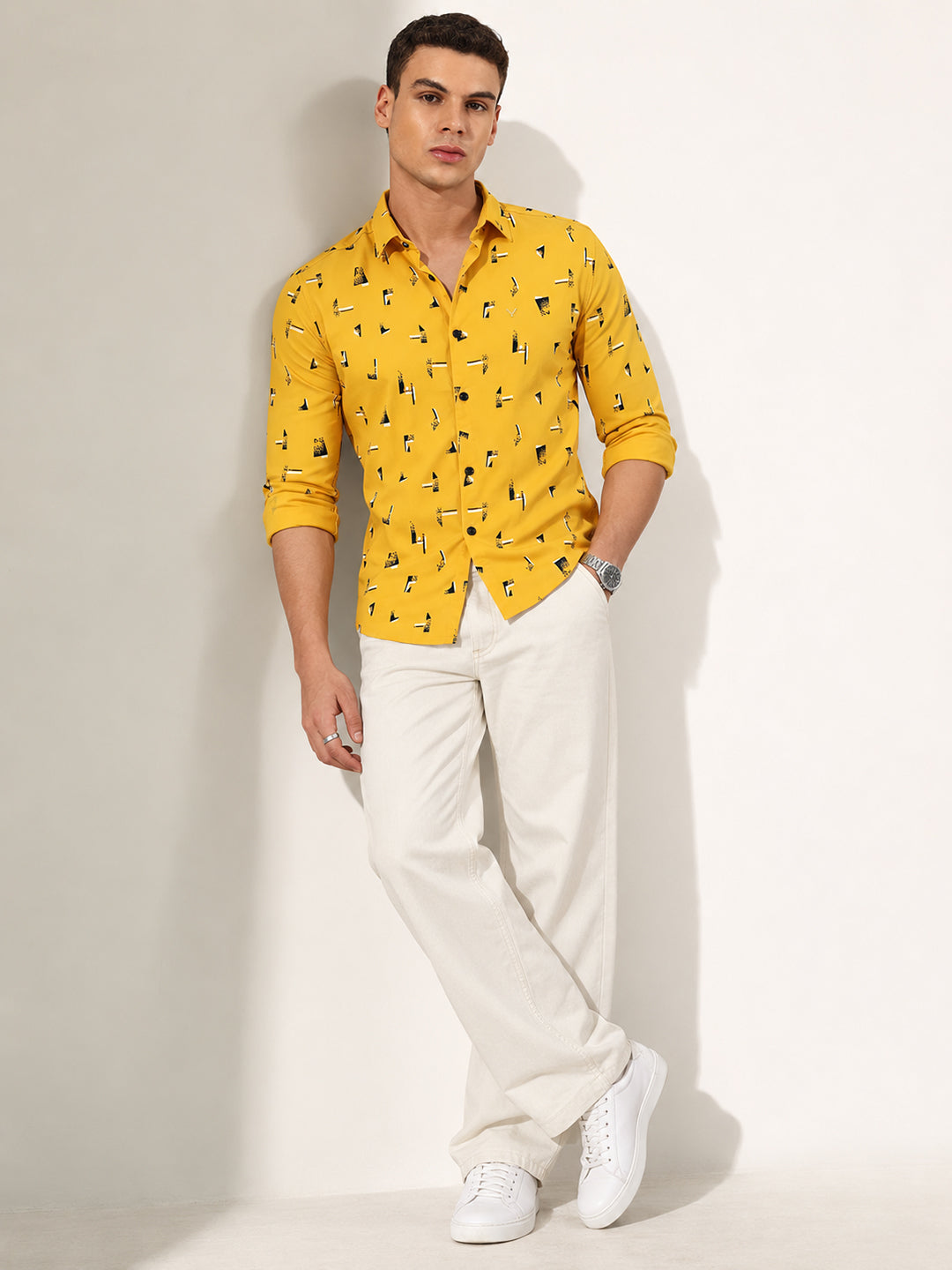 Men’s Graphic Printed Mustard Slim Fit Long Sleeves Casual Shirt