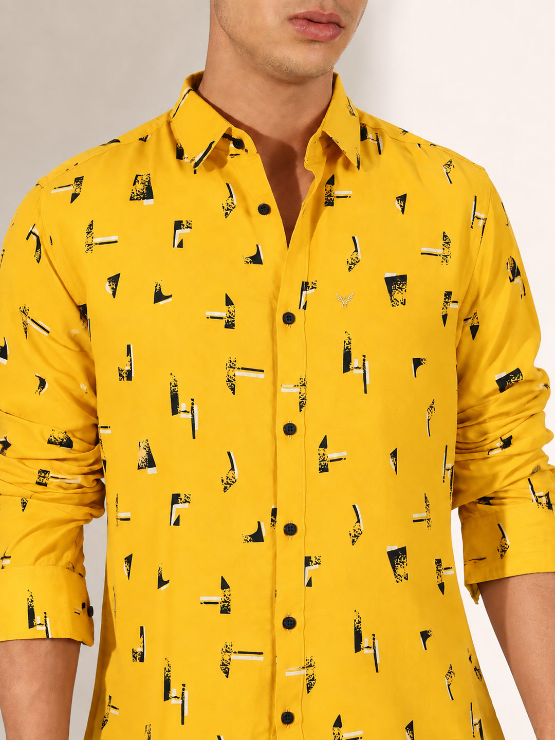 Men’s Graphic Printed Mustard Slim Fit Long Sleeves Casual Shirt