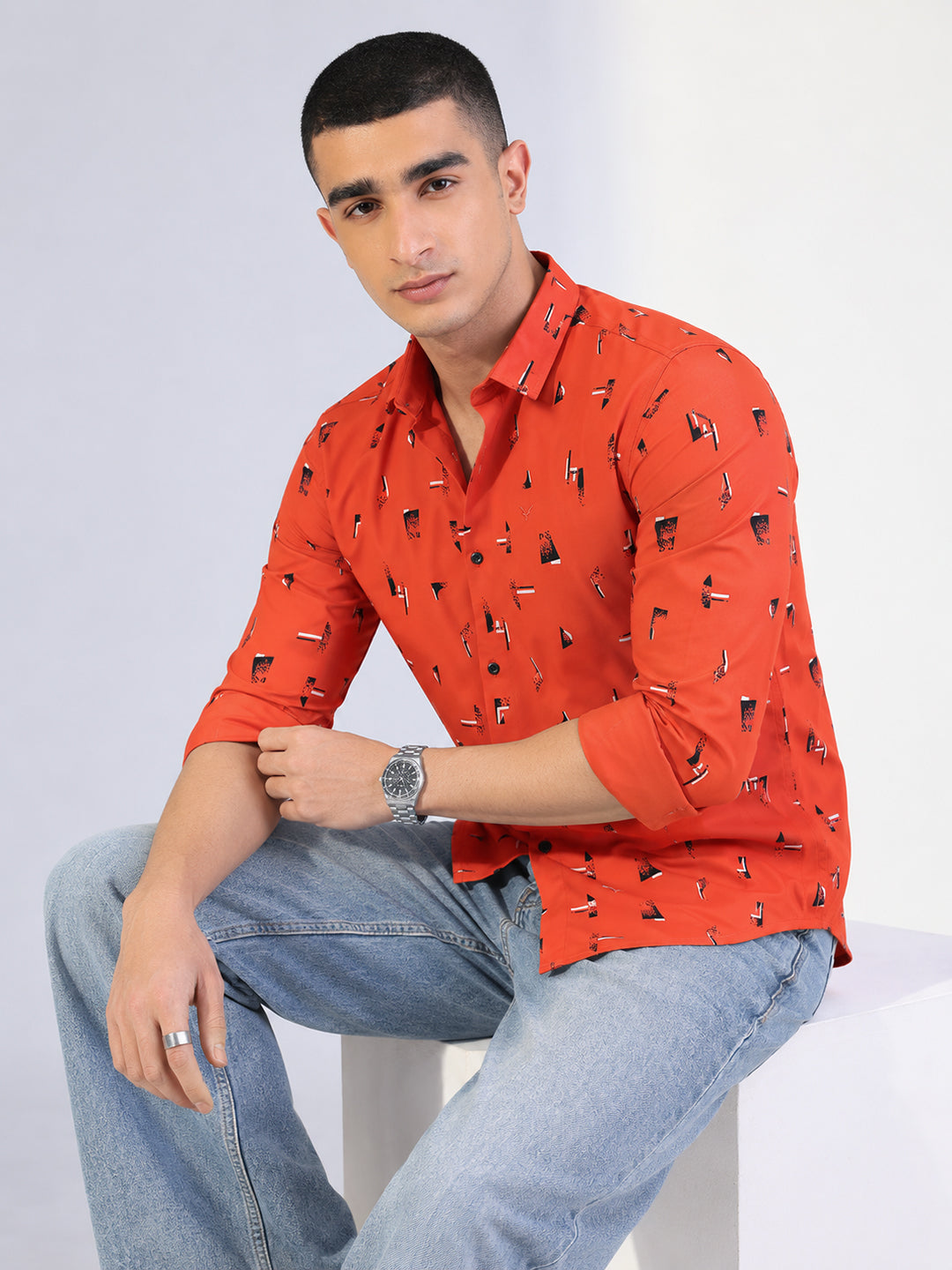Men’s Geometric Printed Orange Slim Fit Long Sleeves Casual Shirt