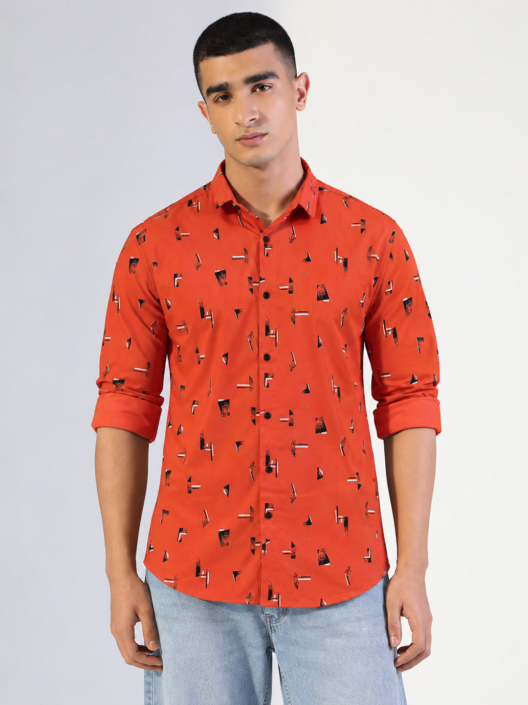 Men’s Geometric Printed Orange Slim Fit Long Sleeves Casual Shirt