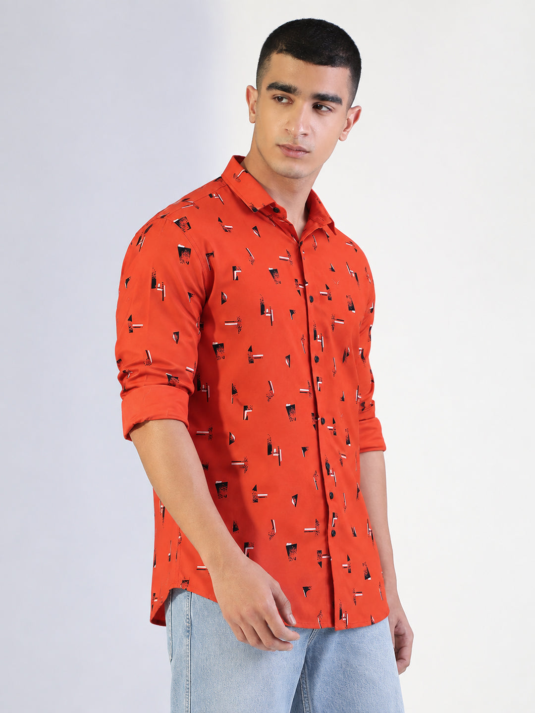 Men’s Geometric Printed Orange Slim Fit Long Sleeves Casual Shirt