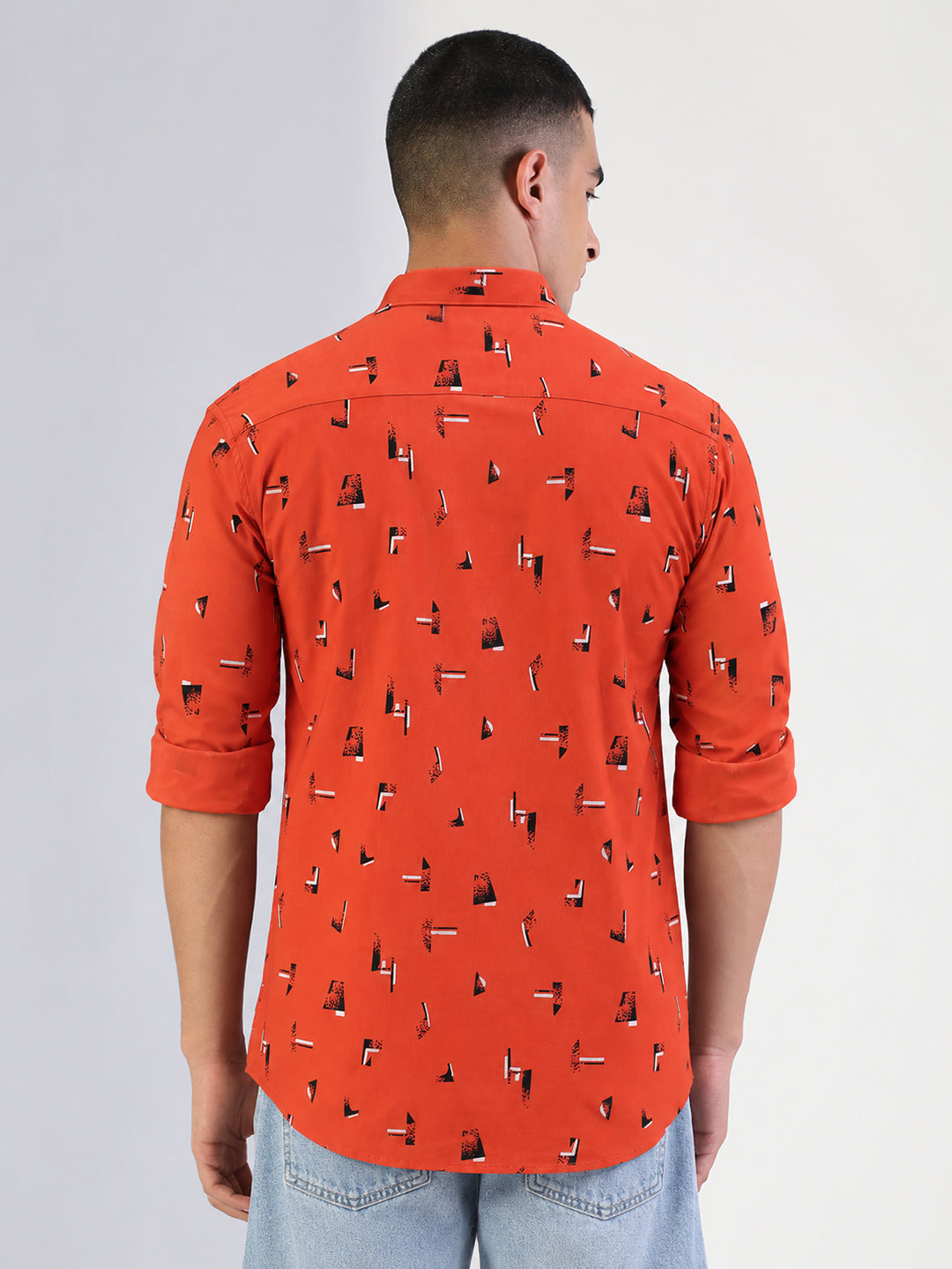 Men’s Geometric Printed Orange Slim Fit Long Sleeves Casual Shirt