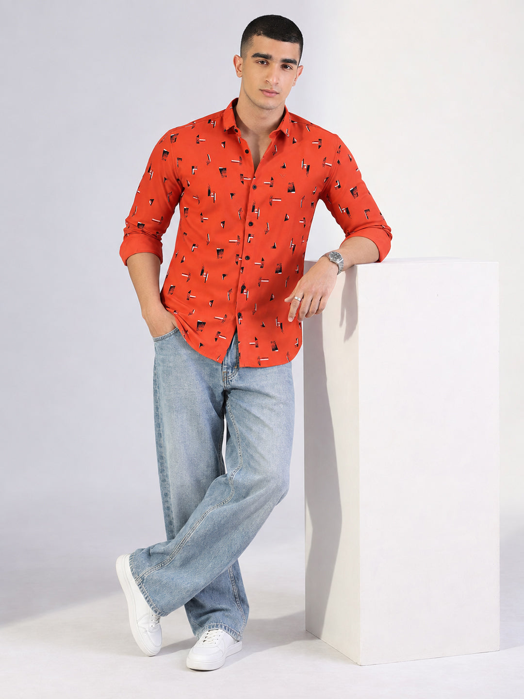 Men’s Geometric Printed Orange Slim Fit Long Sleeves Casual Shirt