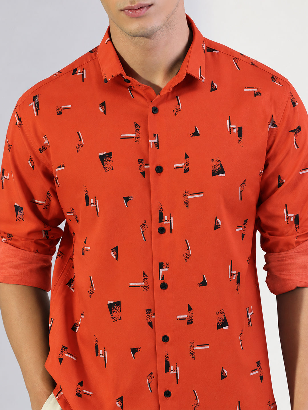 Men’s Geometric Printed Orange Slim Fit Long Sleeves Casual Shirt