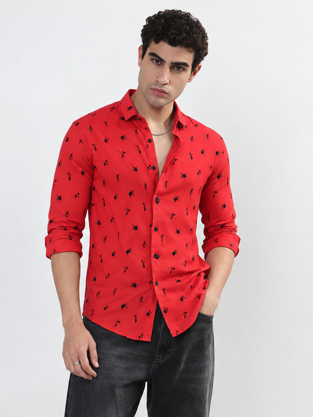 Men’s Printed Red Slim Fit Long Sleeve Casual Shirt
