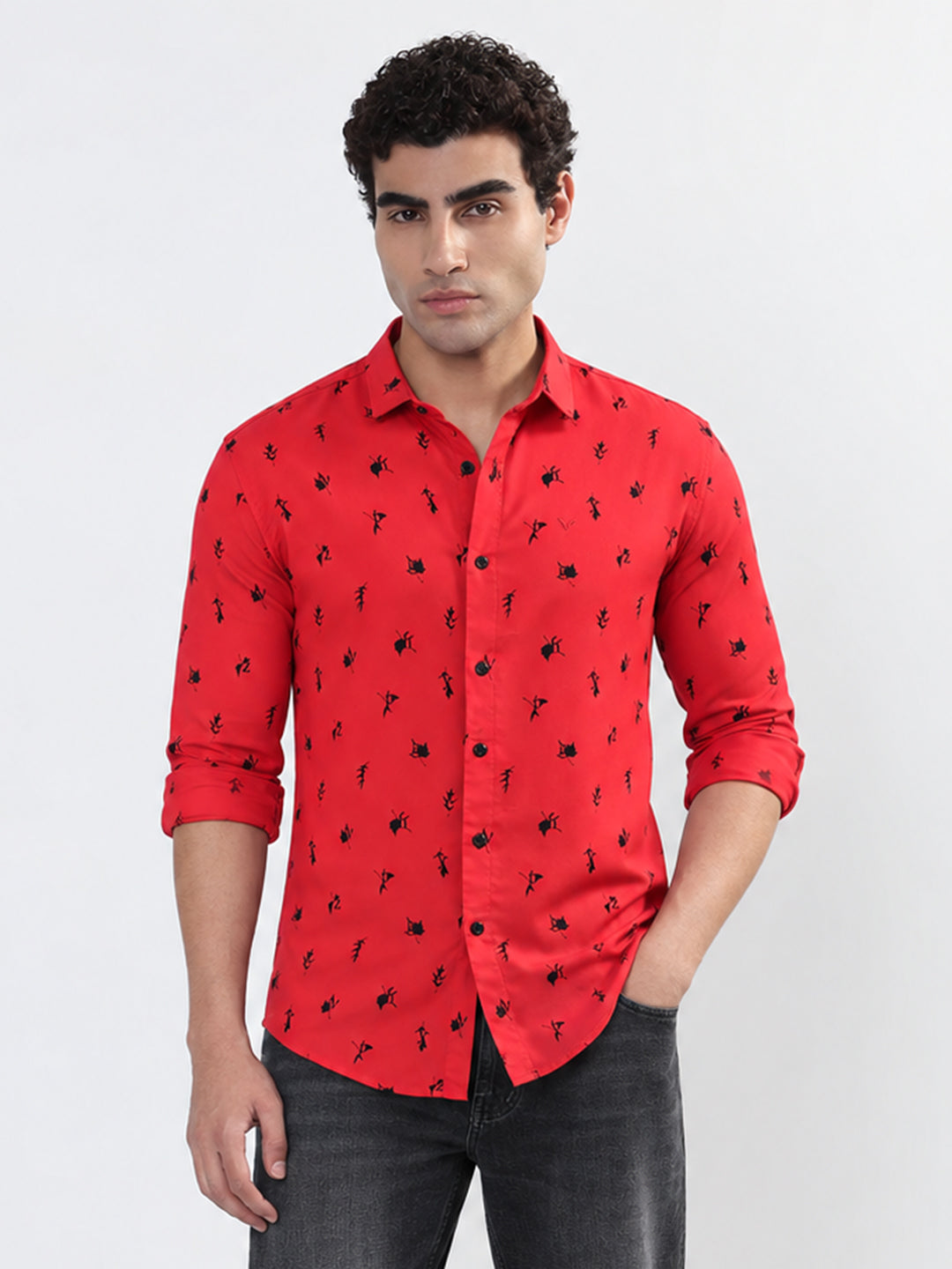 Men’s Printed Red Slim Fit Long Sleeve Casual Shirt