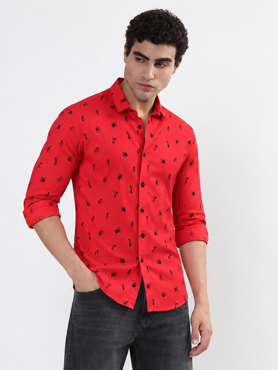 Men’s Printed Red Slim Fit Long Sleeve Casual Shirt