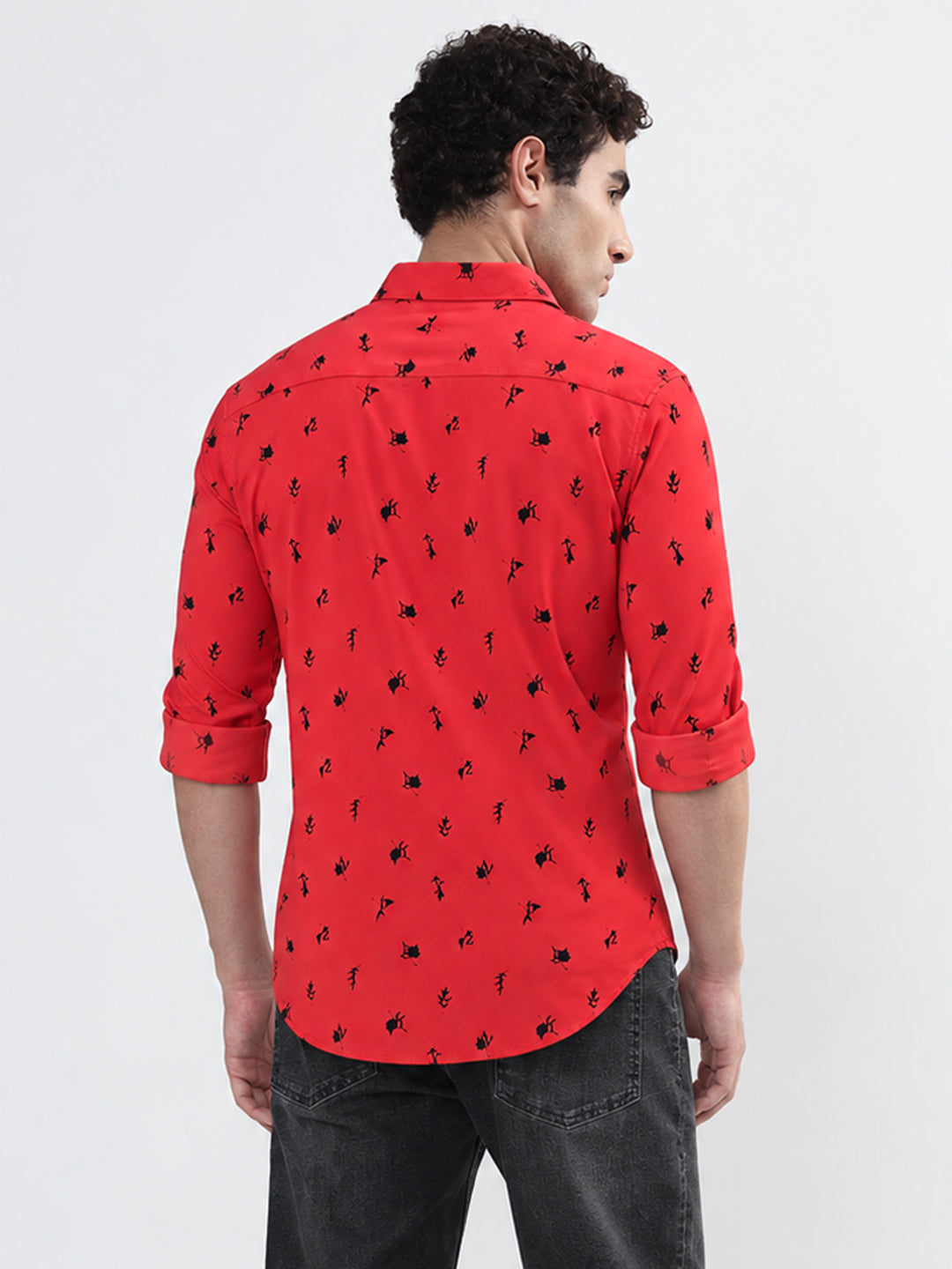 Men’s Printed Red Slim Fit Long Sleeve Casual Shirt