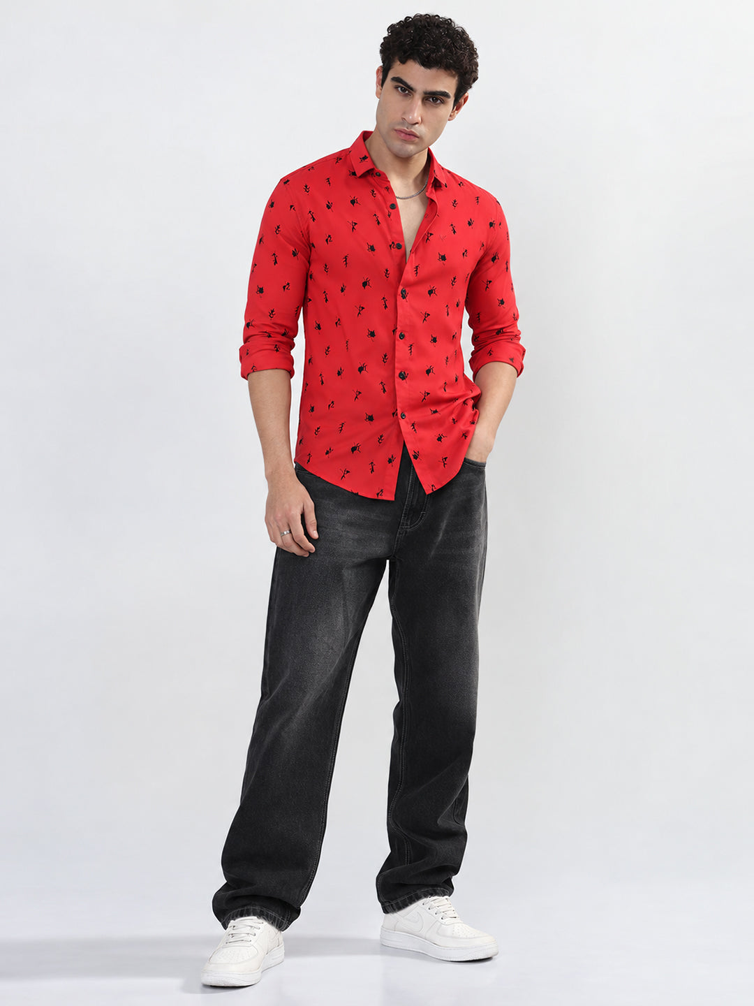 Men’s Printed Red Slim Fit Long Sleeve Casual Shirt