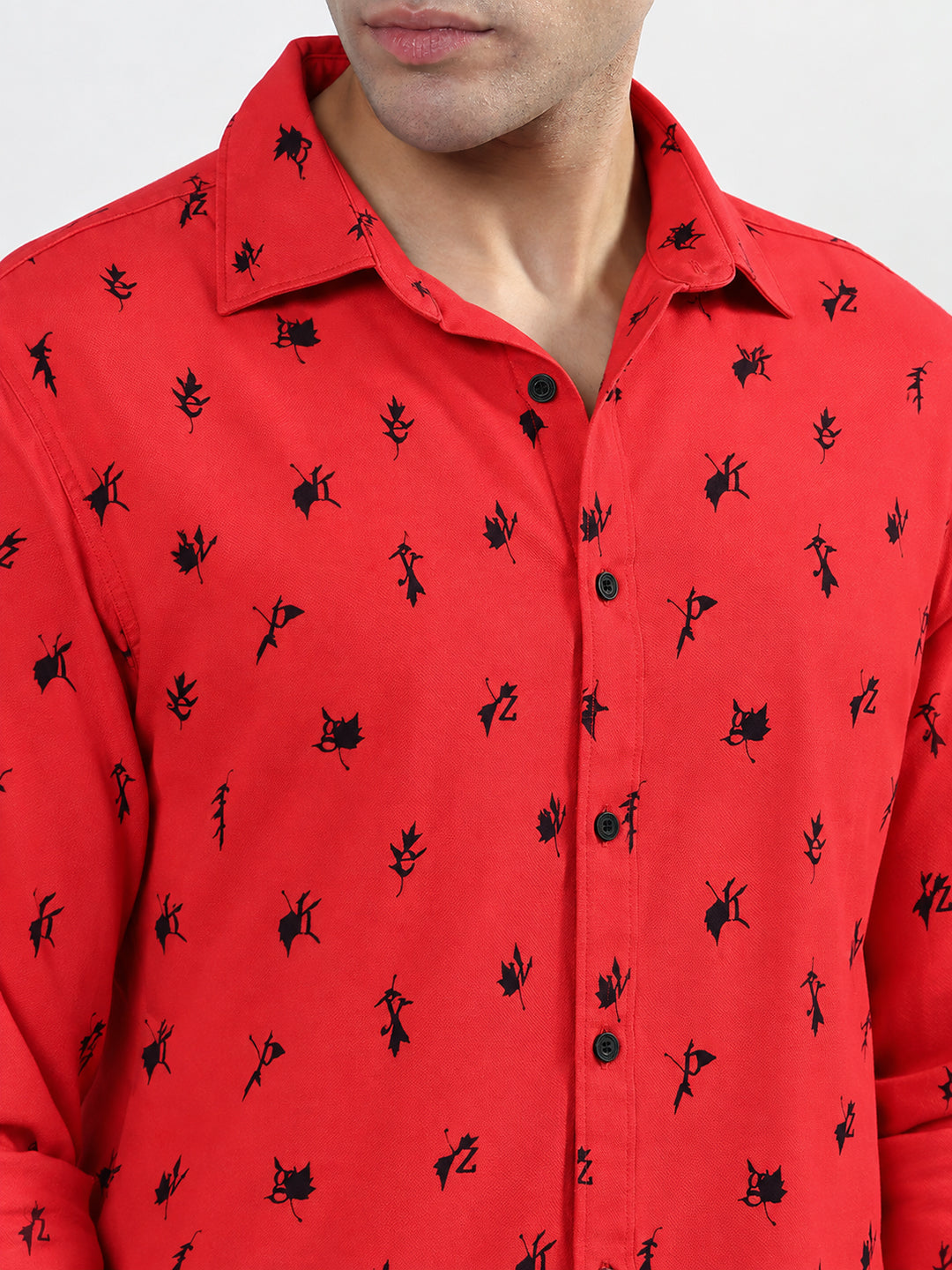 Men’s Printed Red Slim Fit Long Sleeve Casual Shirt