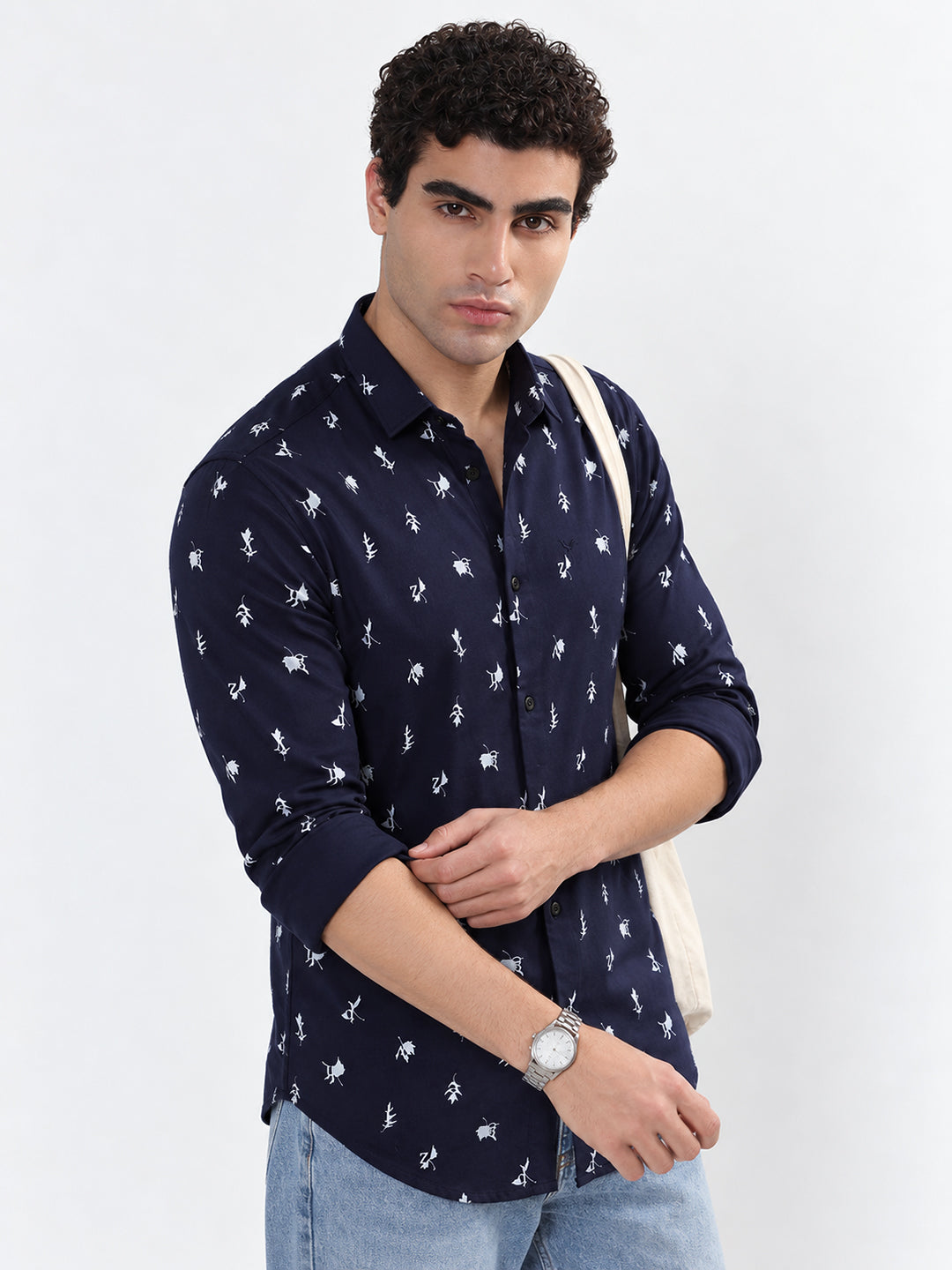 Men’s Printed Navy Blue Slim Fit Long Sleeves Casual Shirt