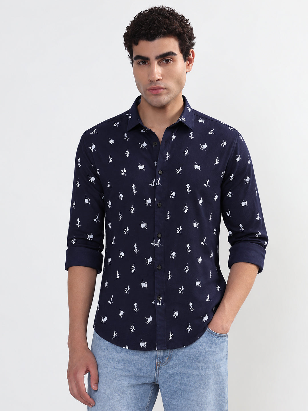 Men’s Printed Navy Blue Slim Fit Long Sleeves Casual Shirt