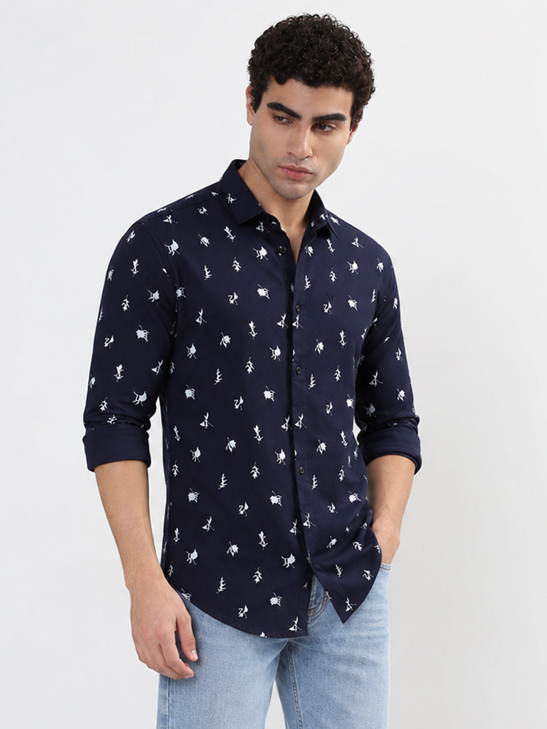Men’s Printed Navy Blue Slim Fit Long Sleeves Casual Shirt
