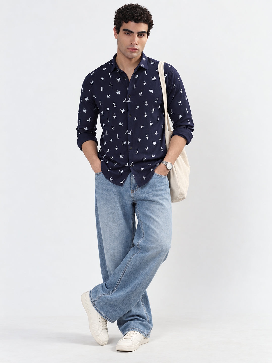 Men’s Printed Navy Blue Slim Fit Long Sleeves Casual Shirt