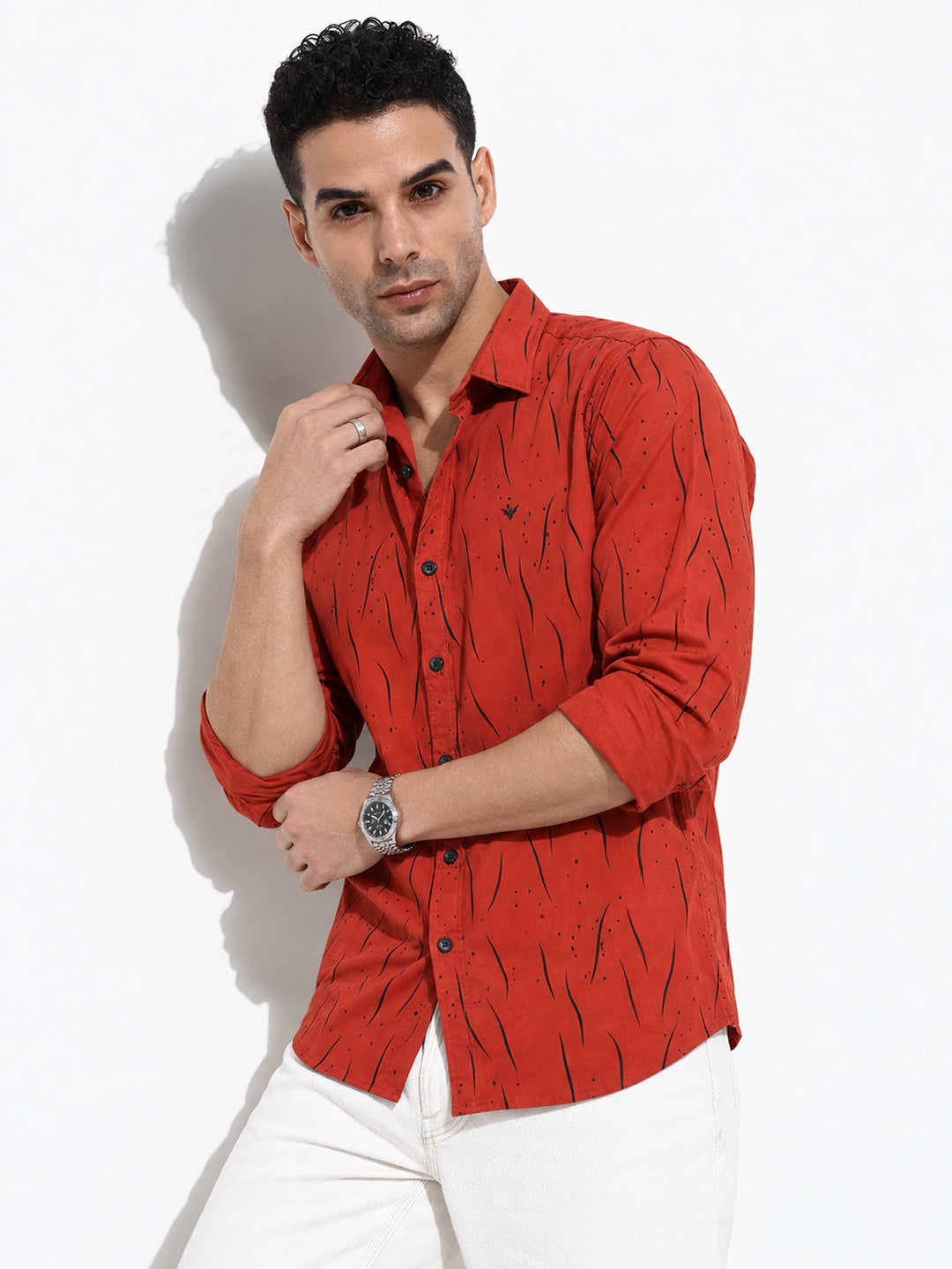 Men’s Printed Orange Red Slim Fit Long Sleeves Casual Shirt