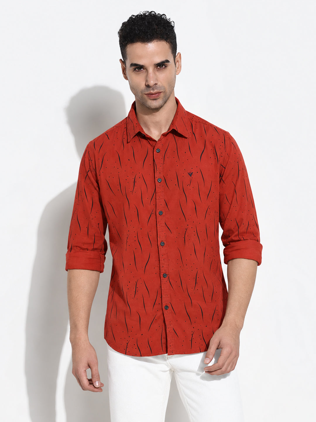 Men’s Printed Orange Red Slim Fit Long Sleeves Casual Shirt