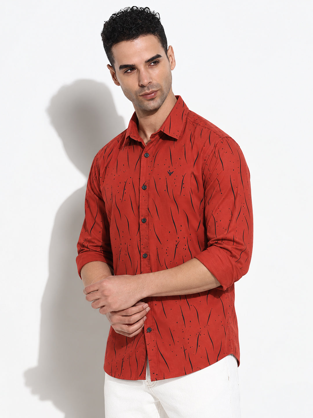 Men’s Printed Orange Red Slim Fit Long Sleeves Casual Shirt