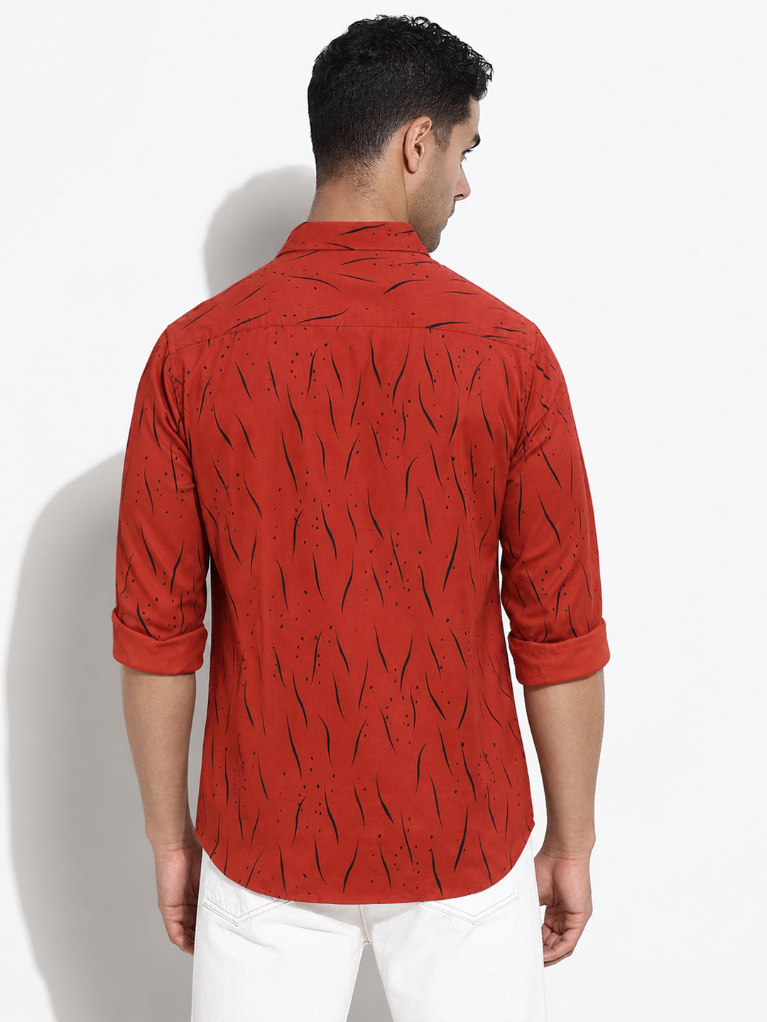 Men’s Printed Orange Red Slim Fit Long Sleeves Casual Shirt