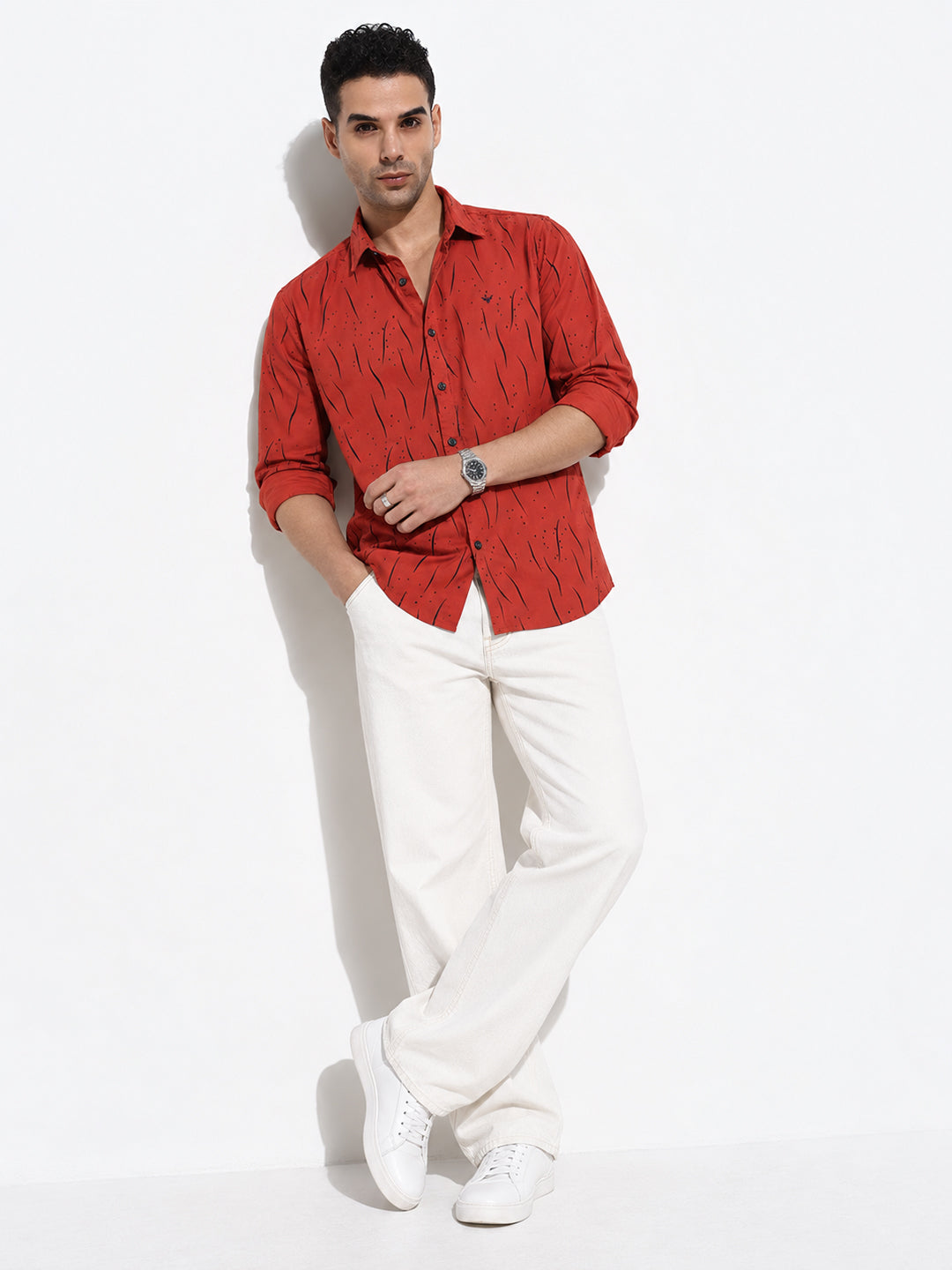 Men’s Printed Orange Red Slim Fit Long Sleeves Casual Shirt