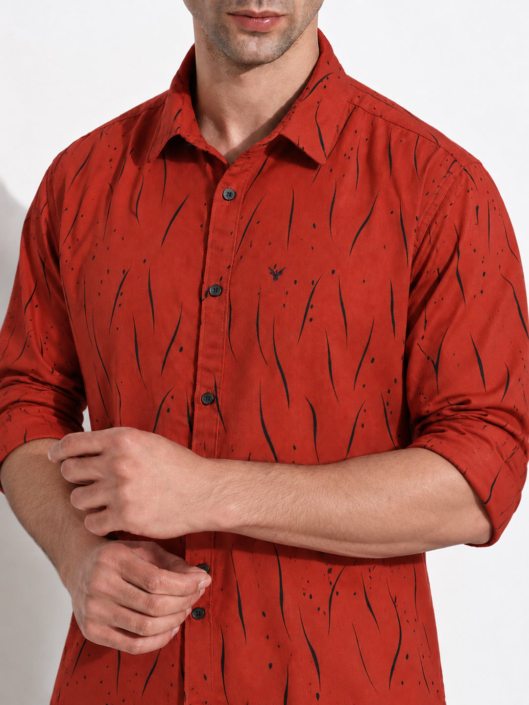 Men’s Printed Orange Red Slim Fit Long Sleeves Casual Shirt