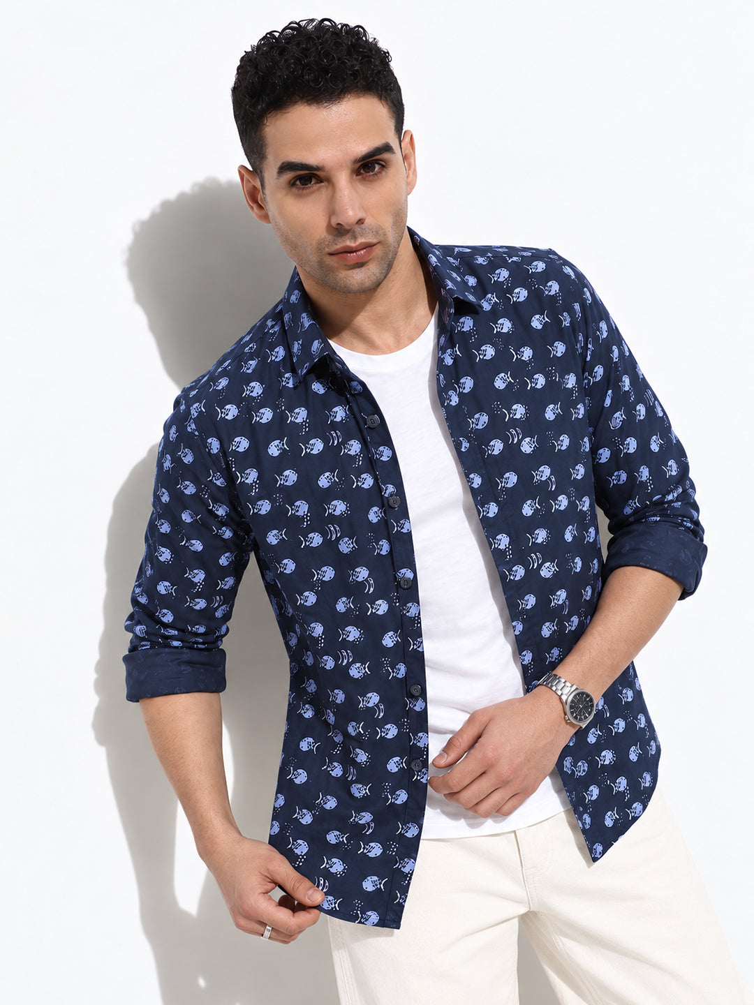 Men’s Printed Navy Blue Slim Fit Long Sleeves Casual Shirt