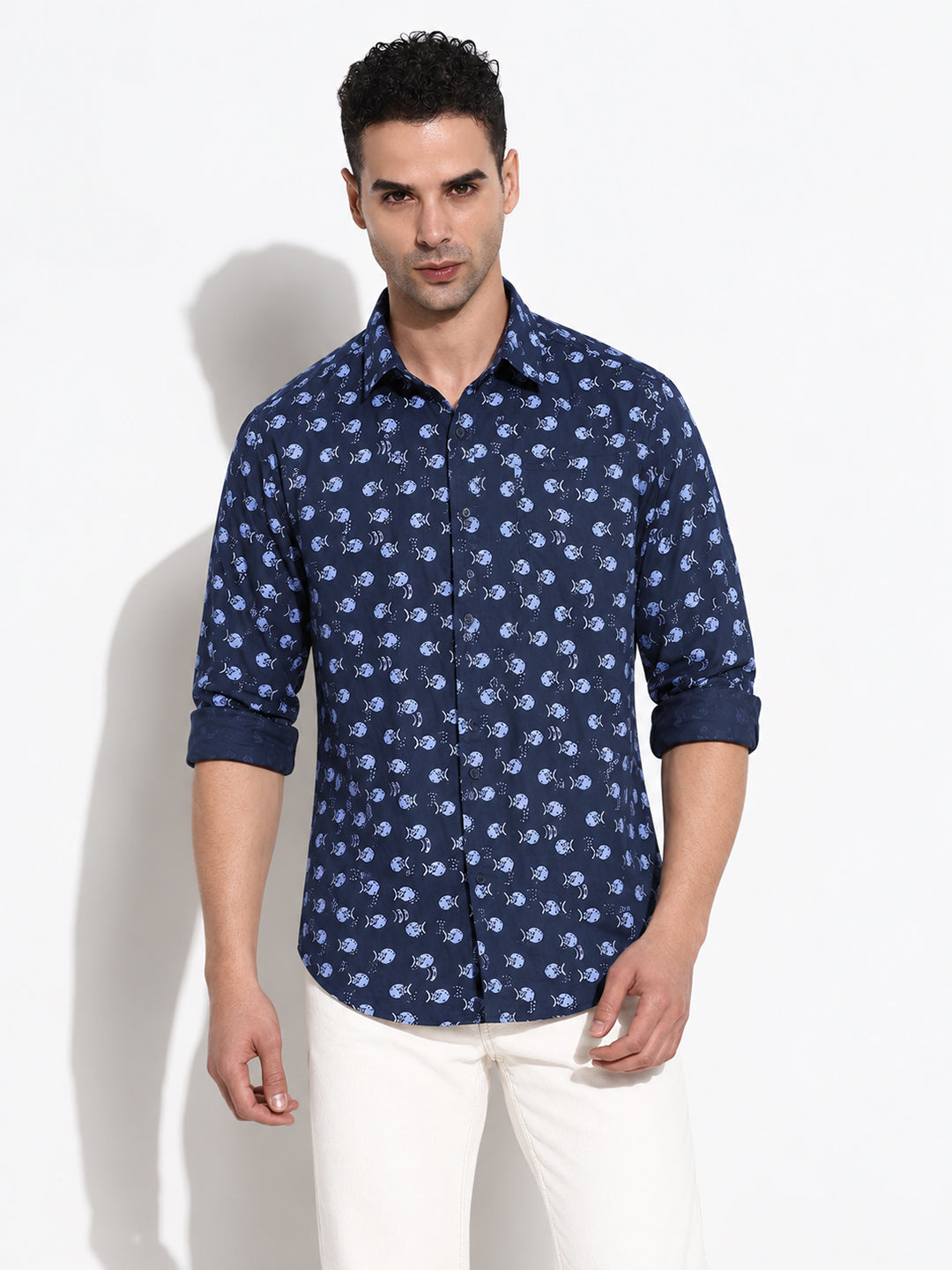 Men’s Printed Navy Blue Slim Fit Long Sleeves Casual Shirt