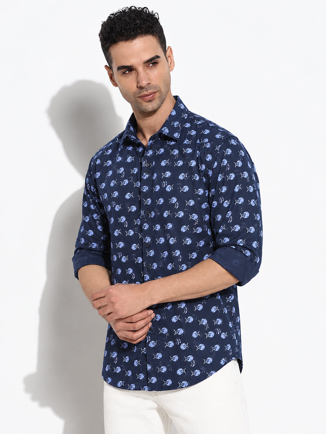 Men’s Printed Navy Blue Slim Fit Long Sleeves Casual Shirt