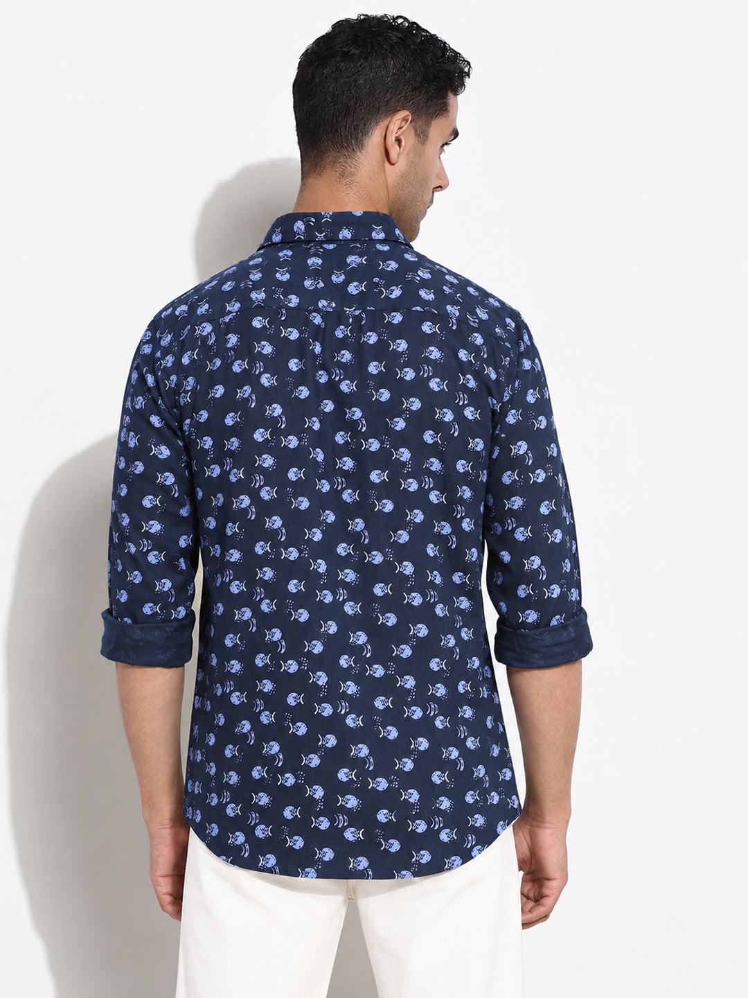 Men’s Printed Navy Blue Slim Fit Long Sleeves Casual Shirt