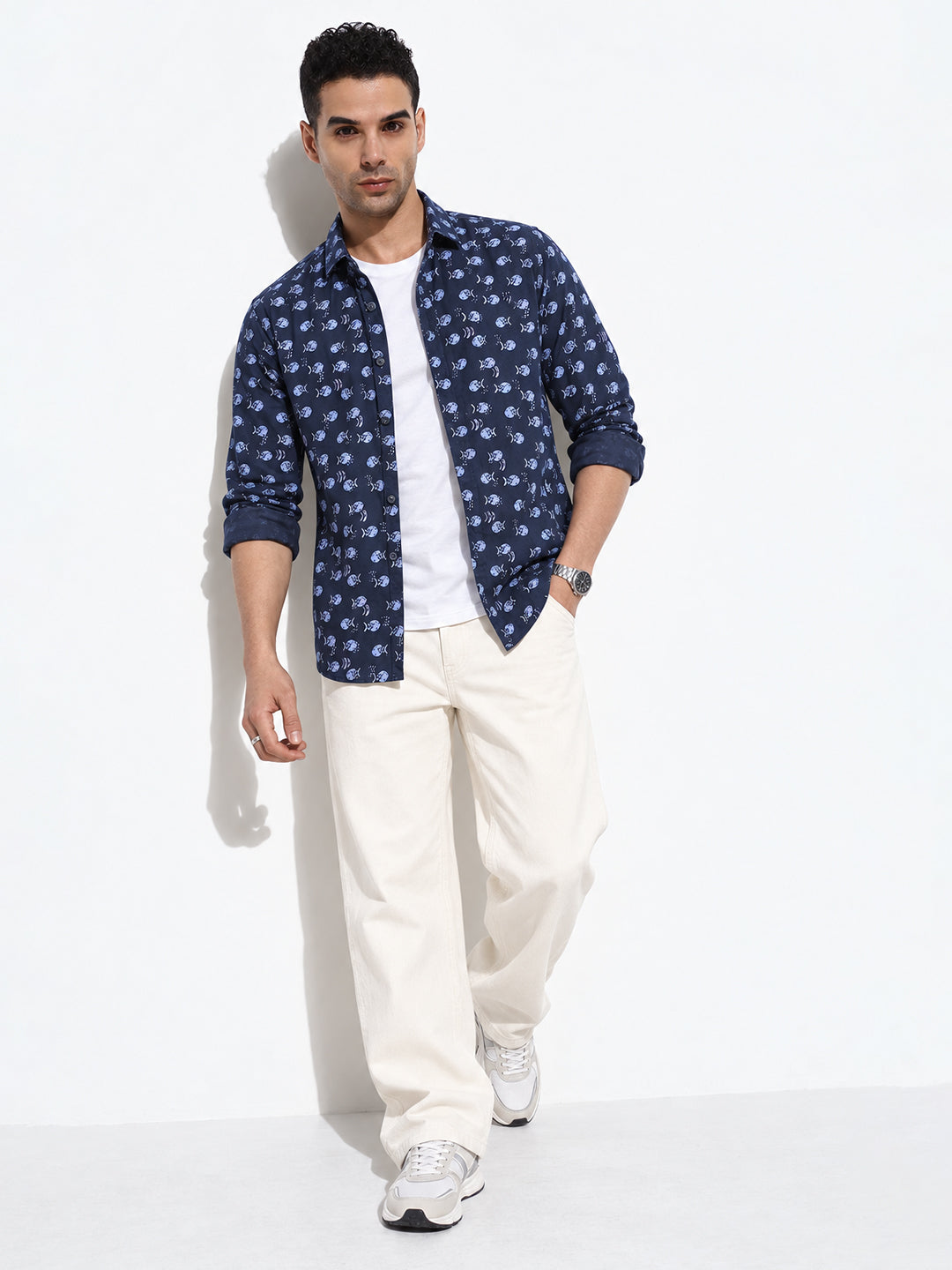 Men’s Printed Navy Blue Slim Fit Long Sleeves Casual Shirt