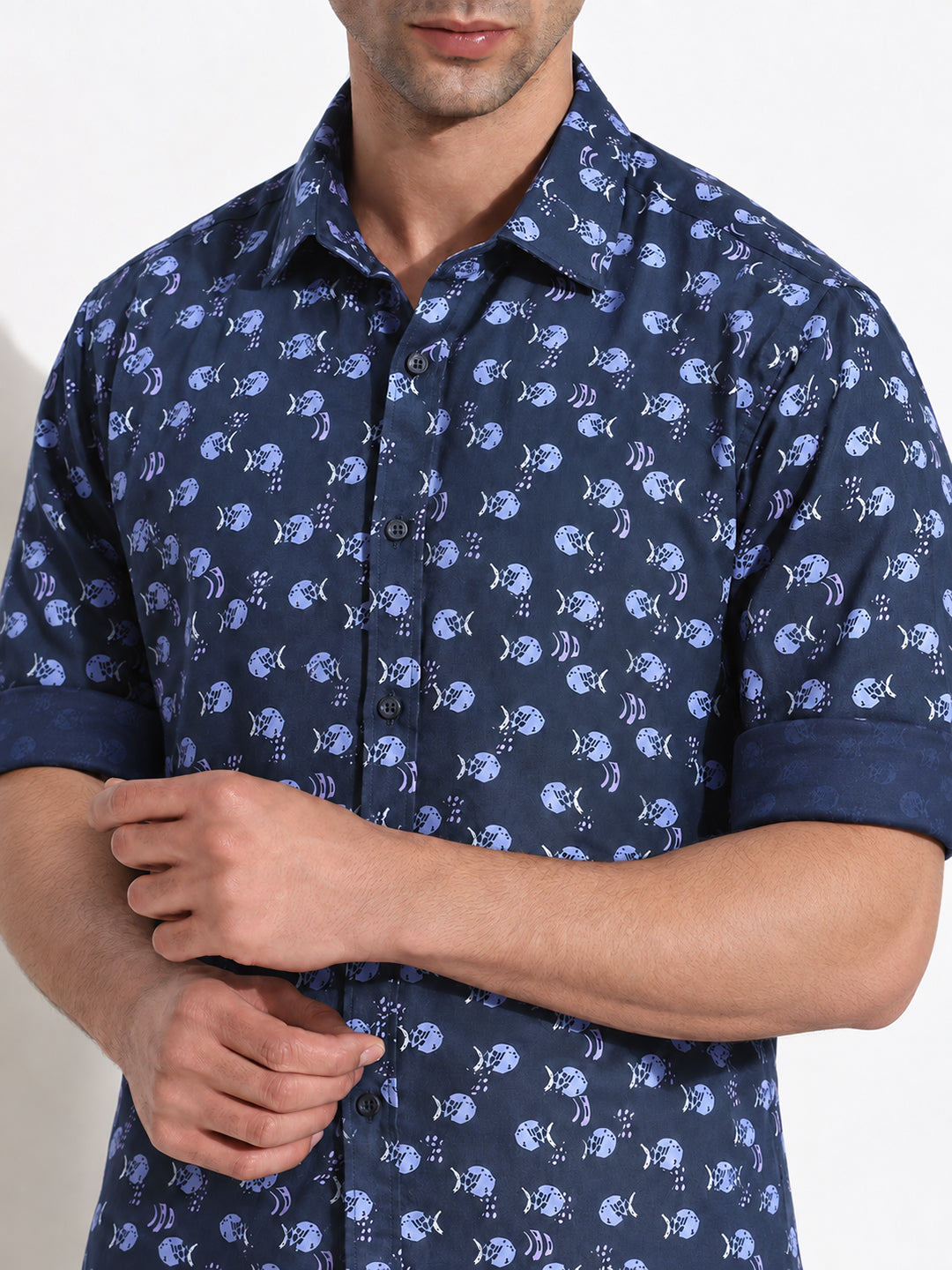 Men’s Printed Navy Blue Slim Fit Long Sleeves Casual Shirt