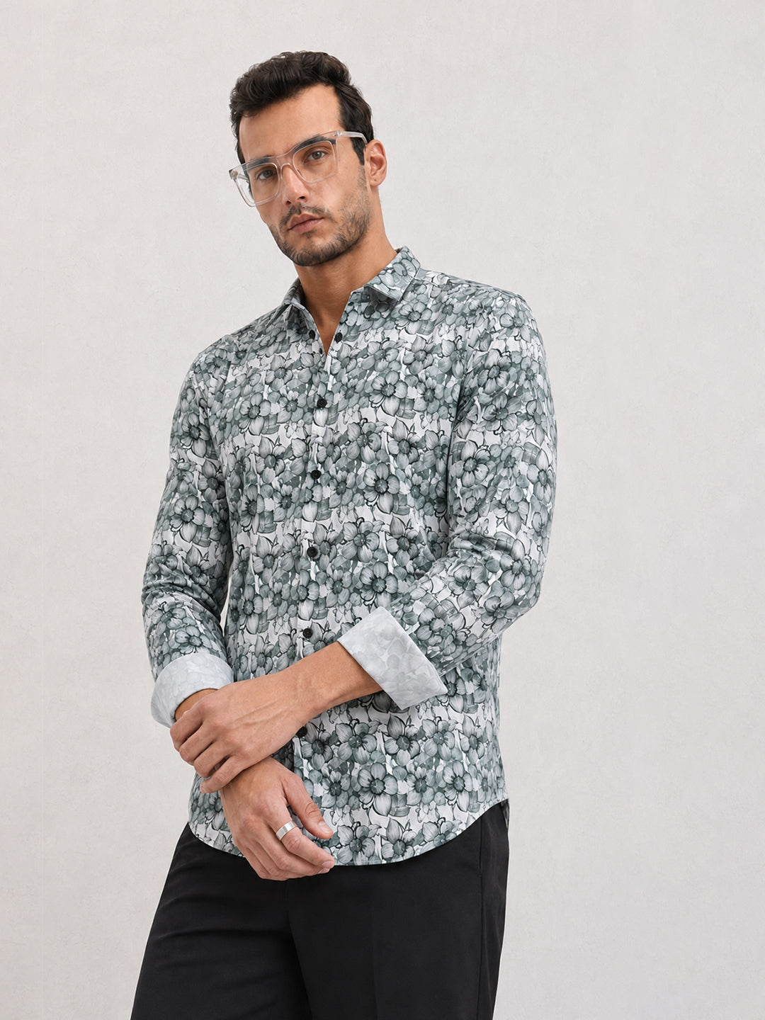 Men’s Floral Printed White Slim Fit Long Sleeves Casual Shirt