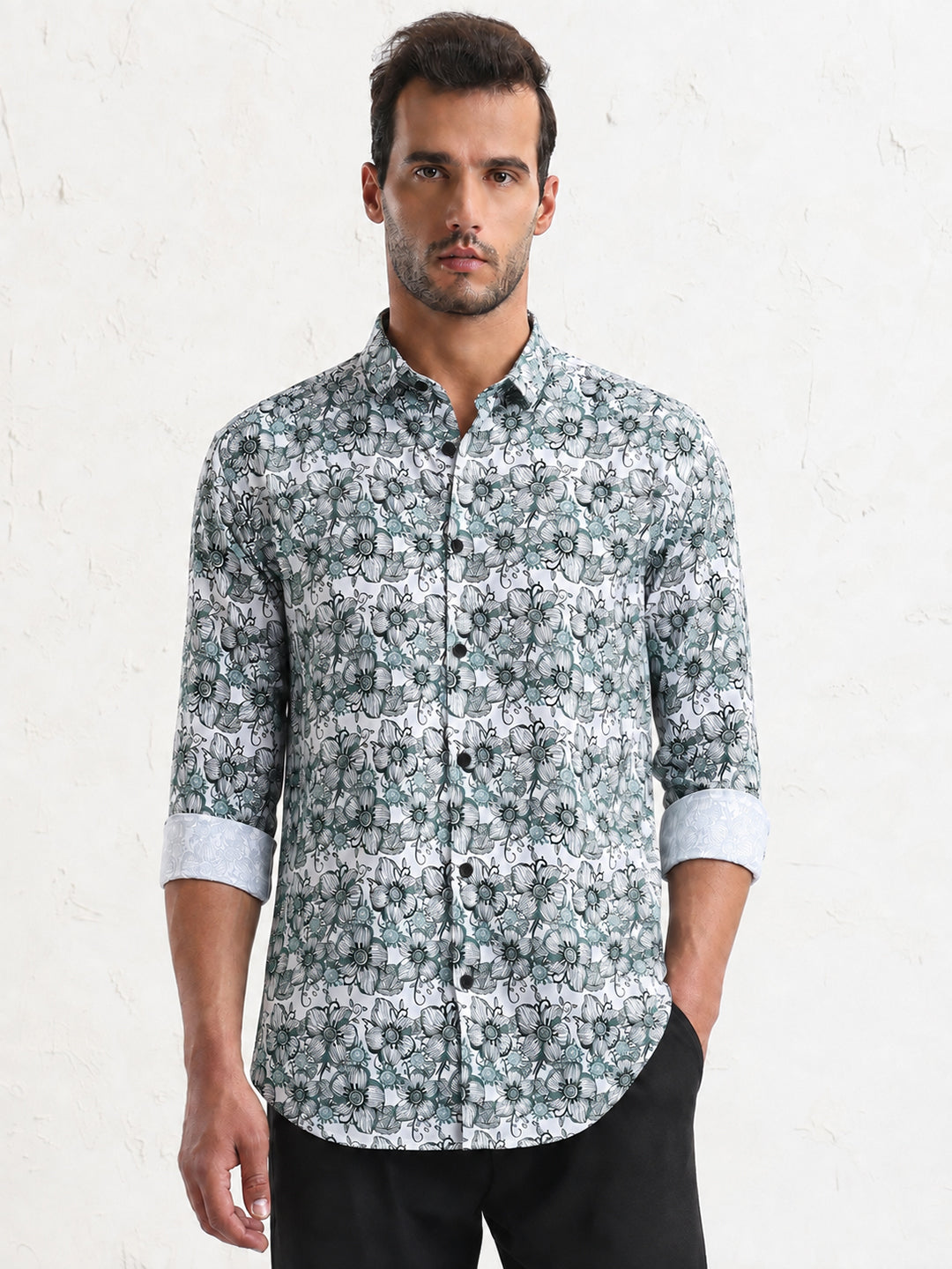 Men’s Floral Printed White Slim Fit Long Sleeves Casual Shirt