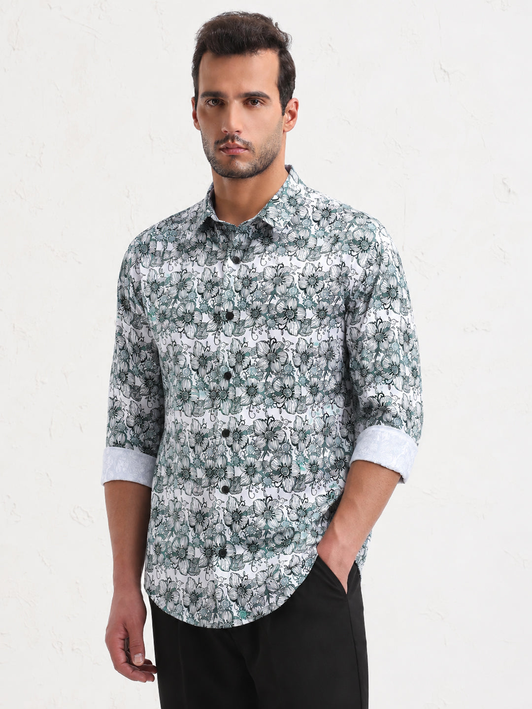 Men’s Floral Printed White Slim Fit Long Sleeves Casual Shirt