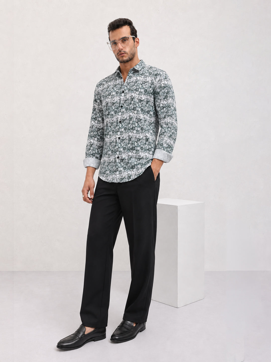 Men’s Floral Printed White Slim Fit Long Sleeves Casual Shirt