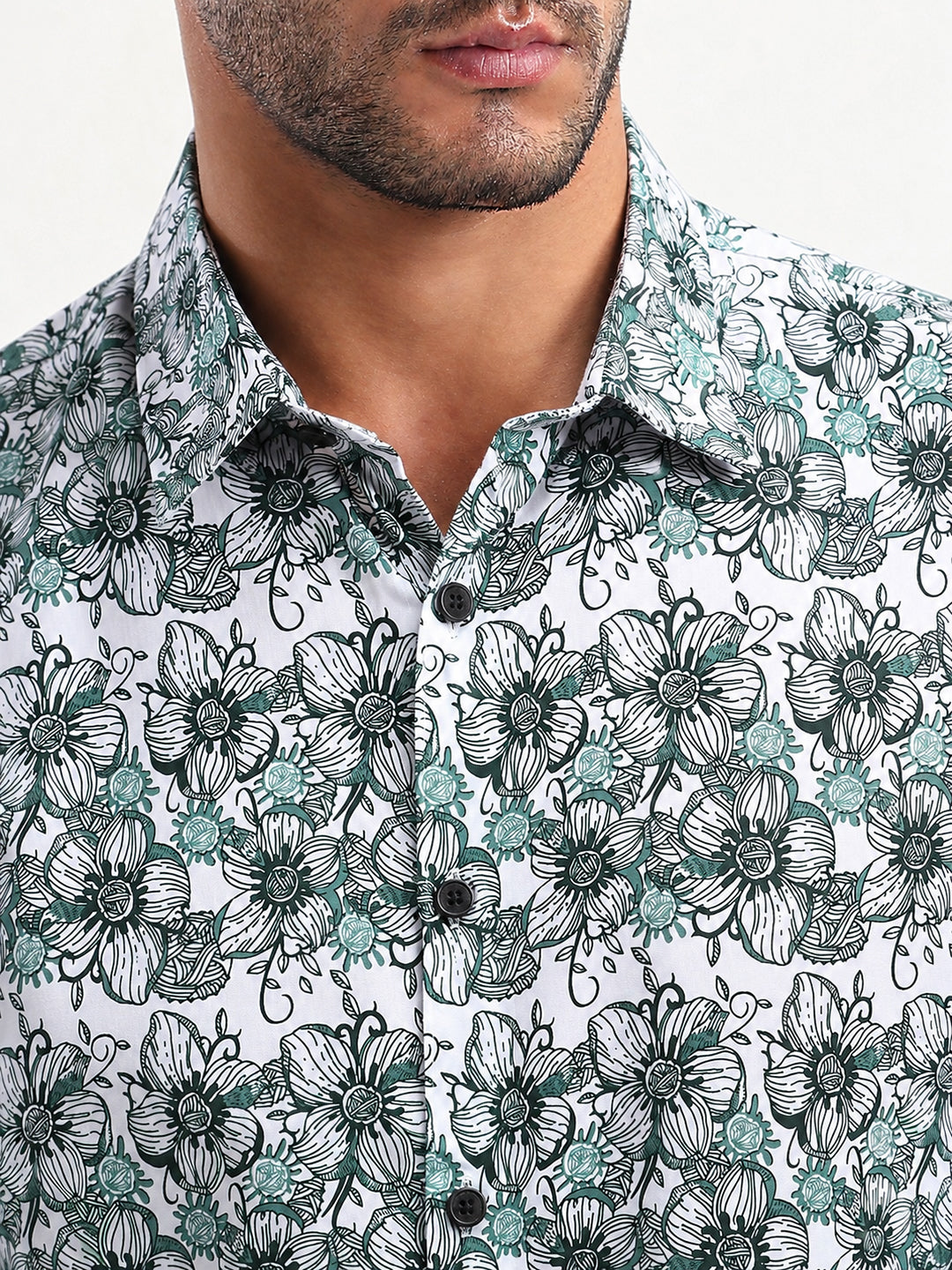 Men’s Floral Printed White Slim Fit Long Sleeves Casual Shirt