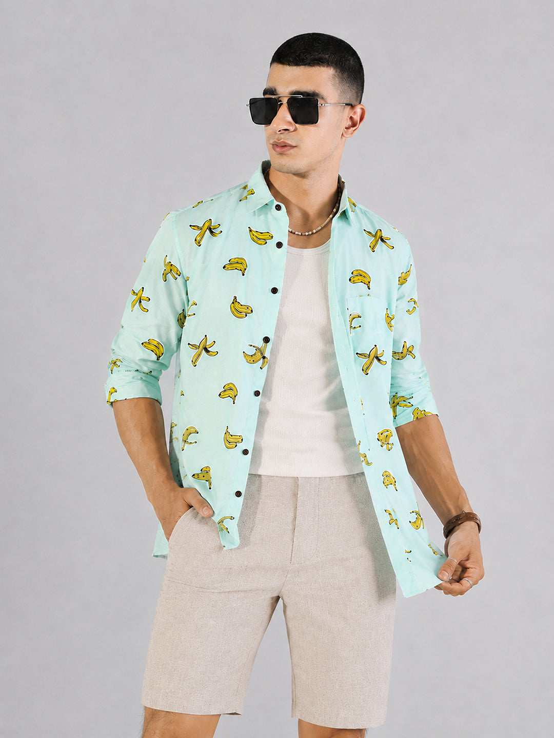 Men’s Graphic Green Slim Fit Long Sleeves Shirt with Spread Collar