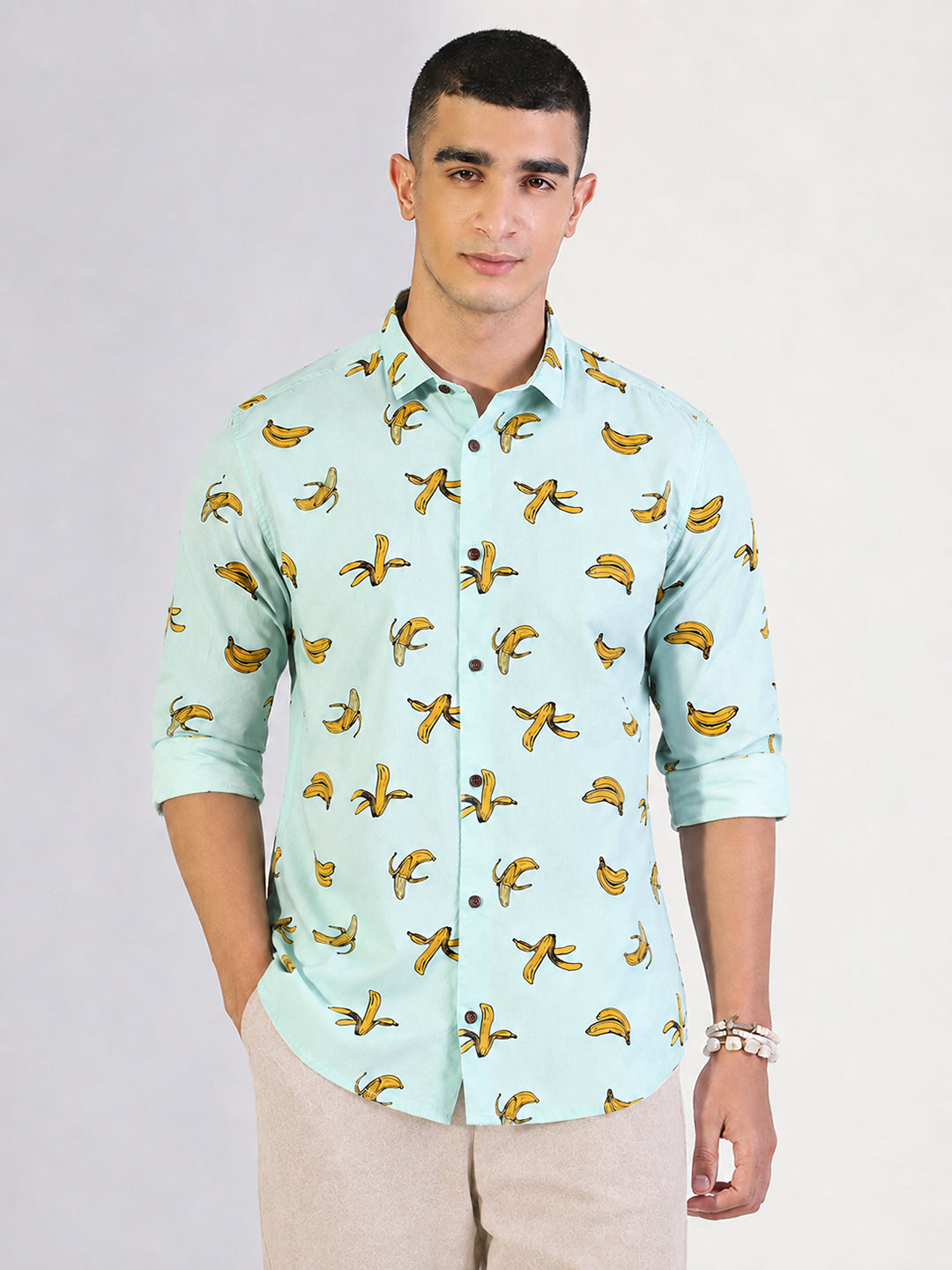Men’s Graphic Green Slim Fit Long Sleeves Shirt with Spread Collar