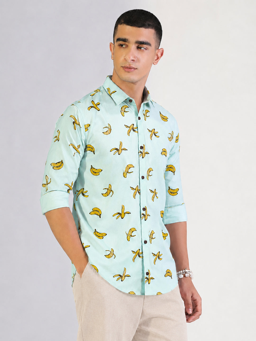 Men’s Graphic Green Slim Fit Long Sleeves Shirt with Spread Collar
