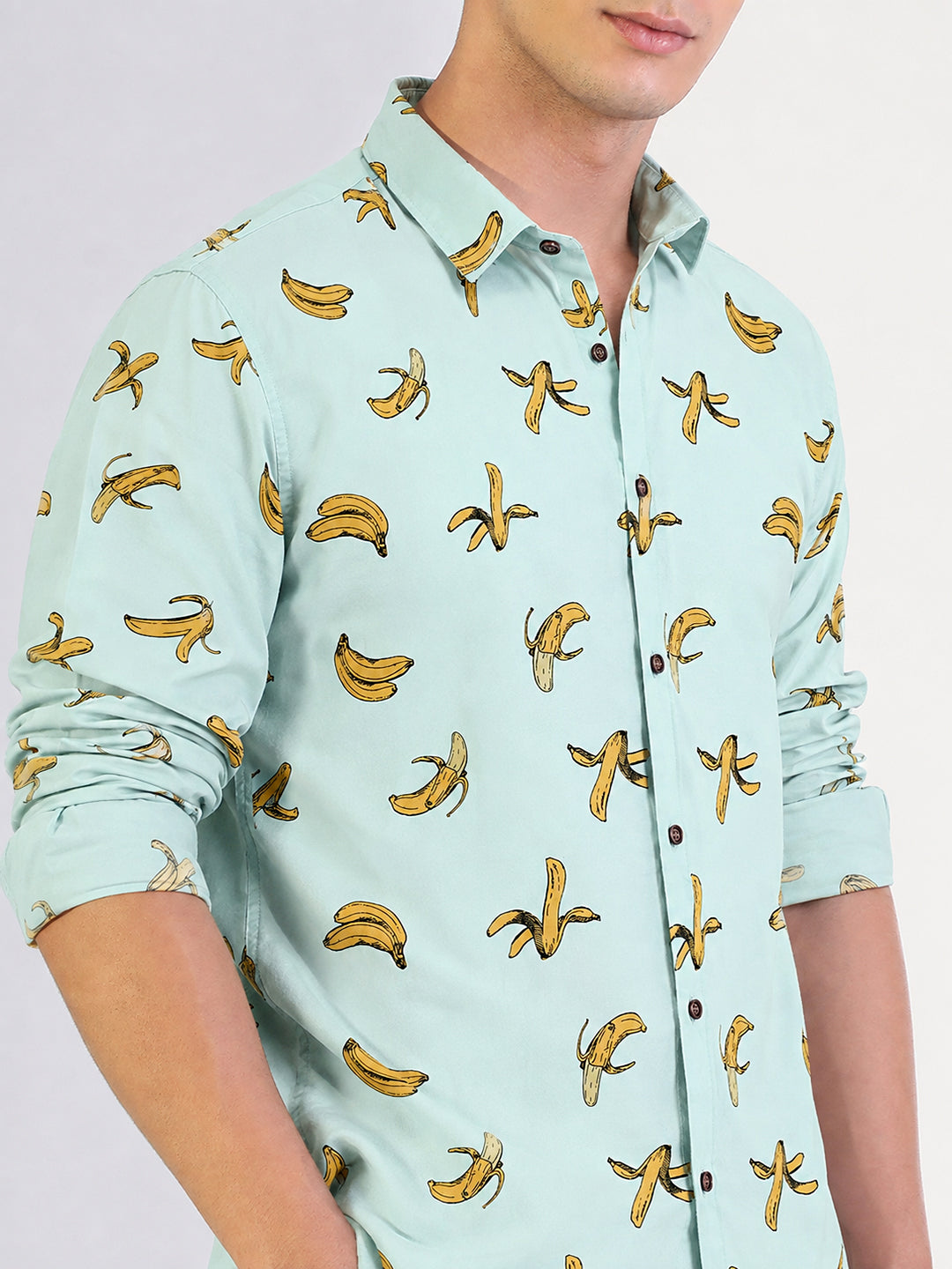 Men’s Graphic Green Slim Fit Long Sleeves Shirt with Spread Collar
