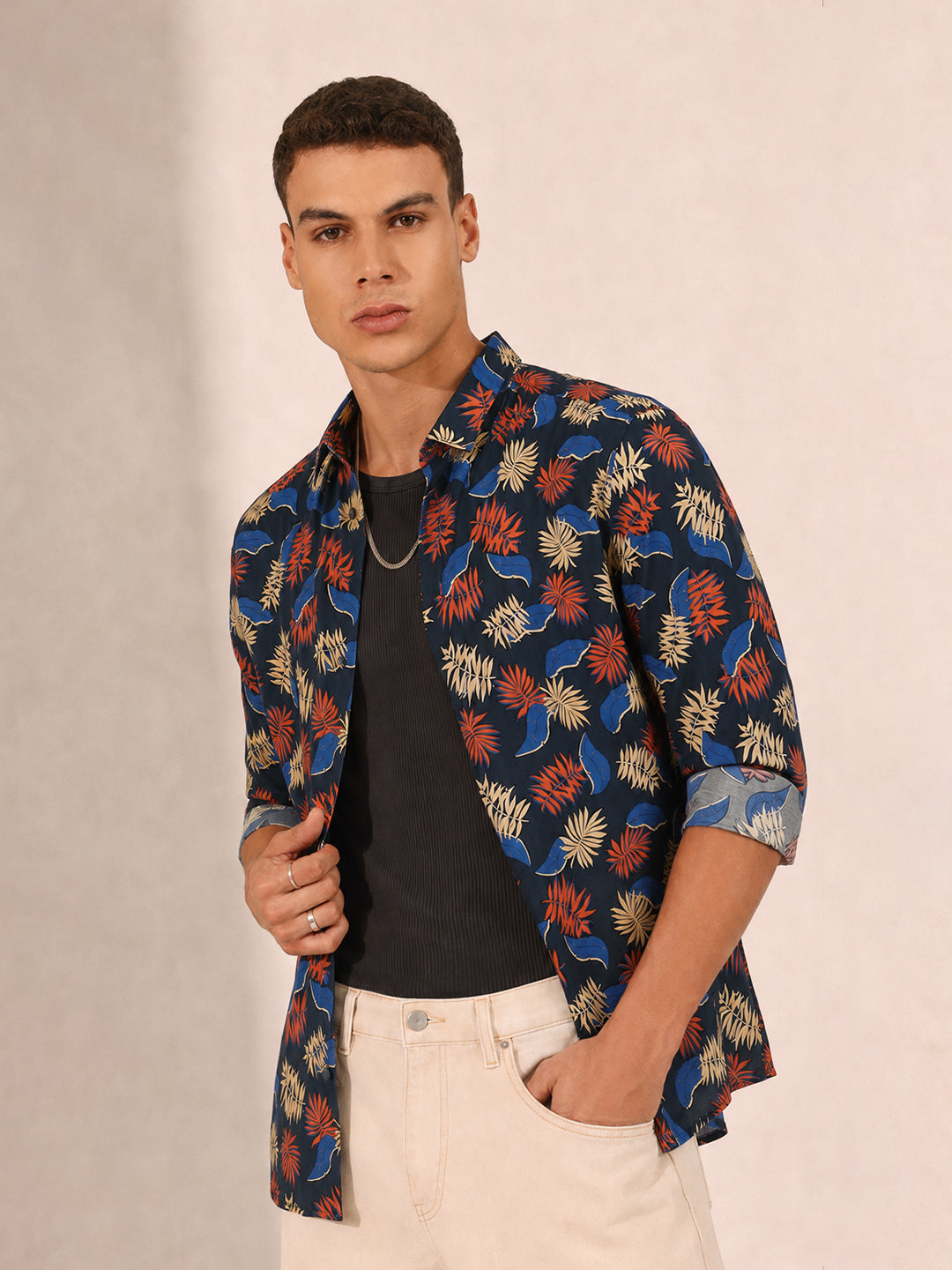 Men’s Tropical Printed Navy Blue Slim Fit Long Sleeves Shirt with Spread Collar