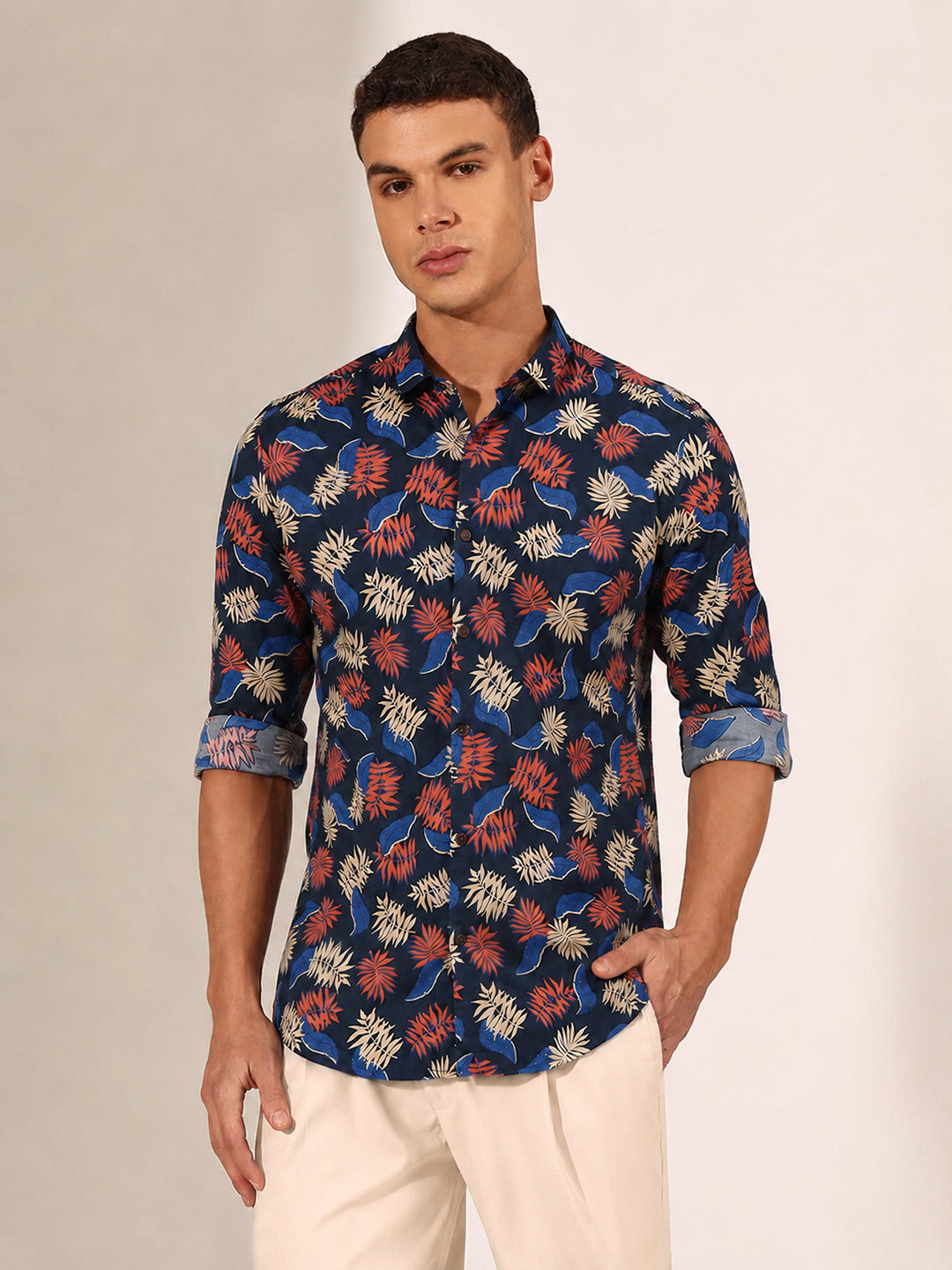 Men’s Tropical Printed Navy Blue Slim Fit Long Sleeves Shirt with Spread Collar