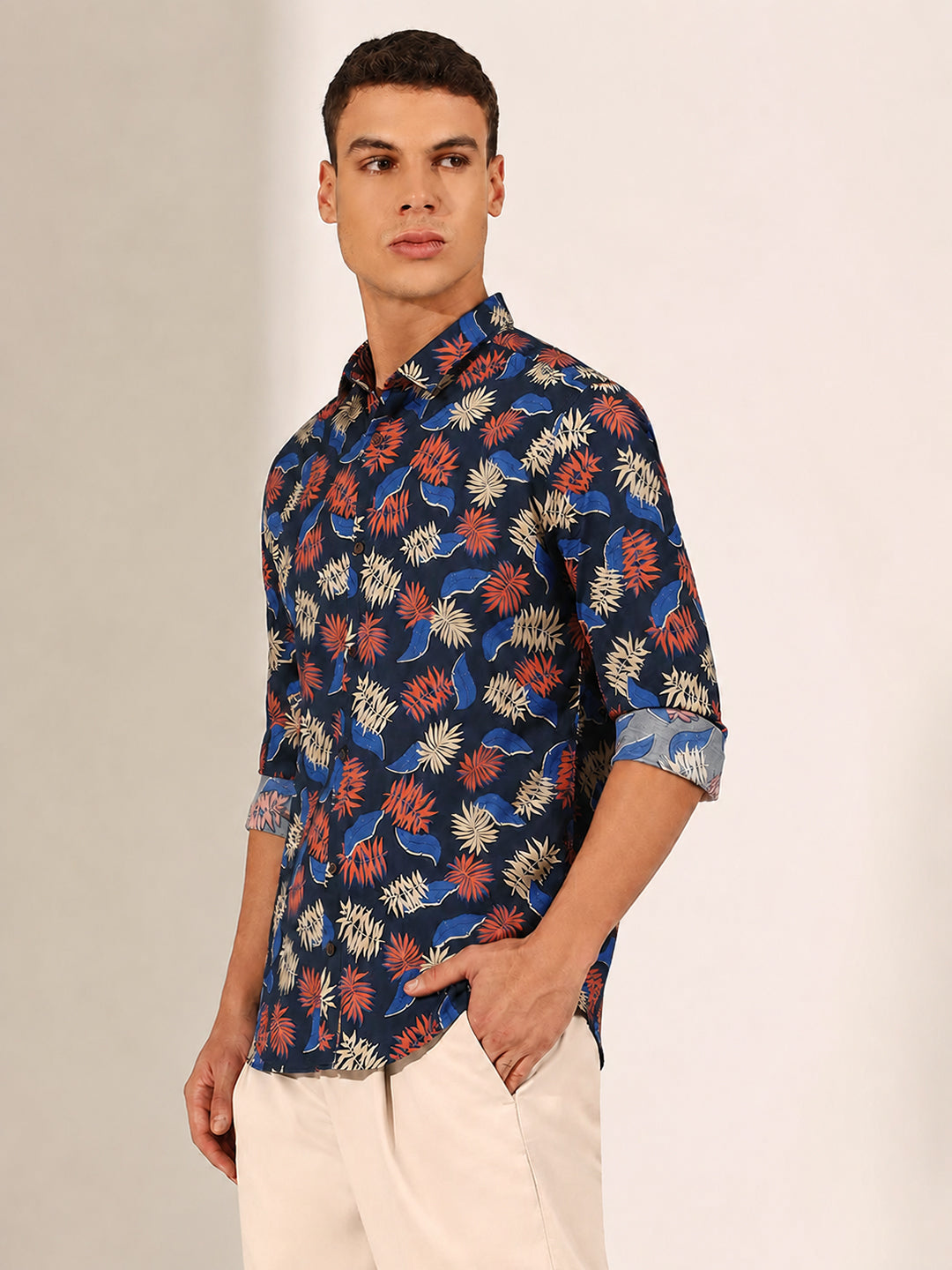 Men’s Tropical Printed Navy Blue Slim Fit Long Sleeves Shirt with Spread Collar