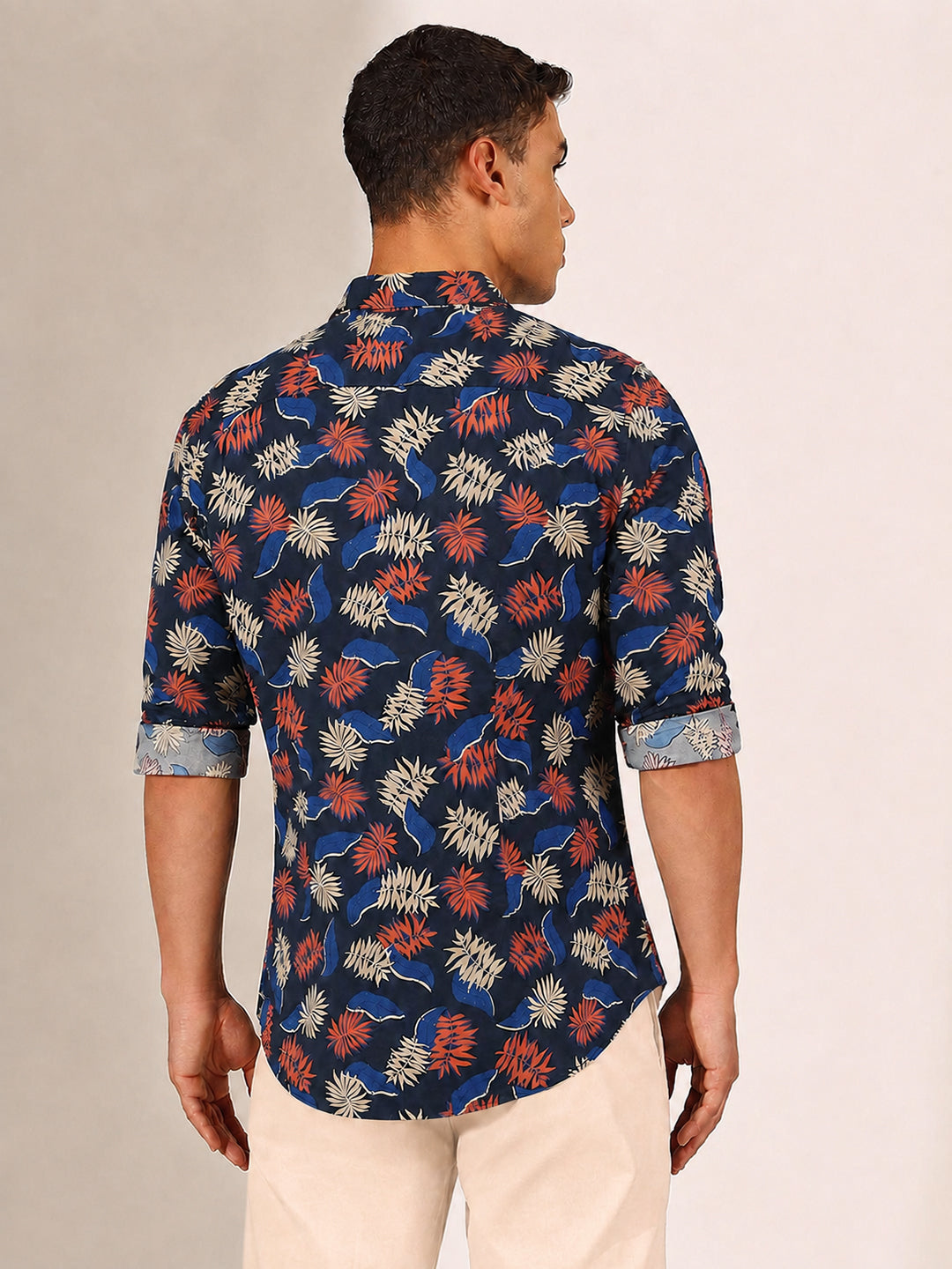 Men’s Tropical Printed Navy Blue Slim Fit Long Sleeves Shirt with Spread Collar